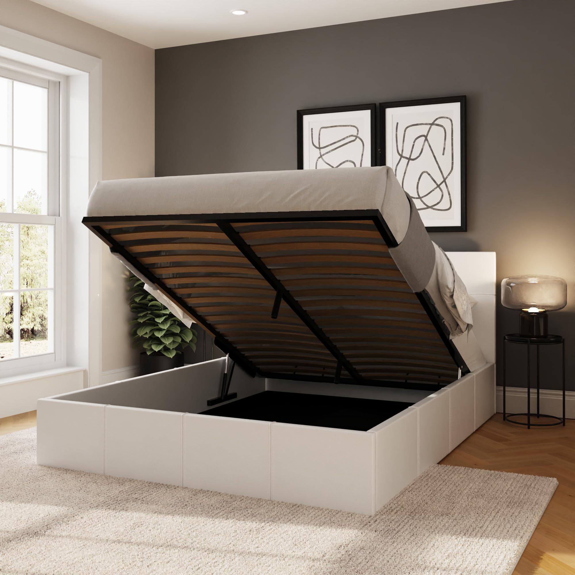 GFW Classic Leather Upholstered Ottoman Storage Bed With Gas End Lift & Under Bed Storage, Small Double, White