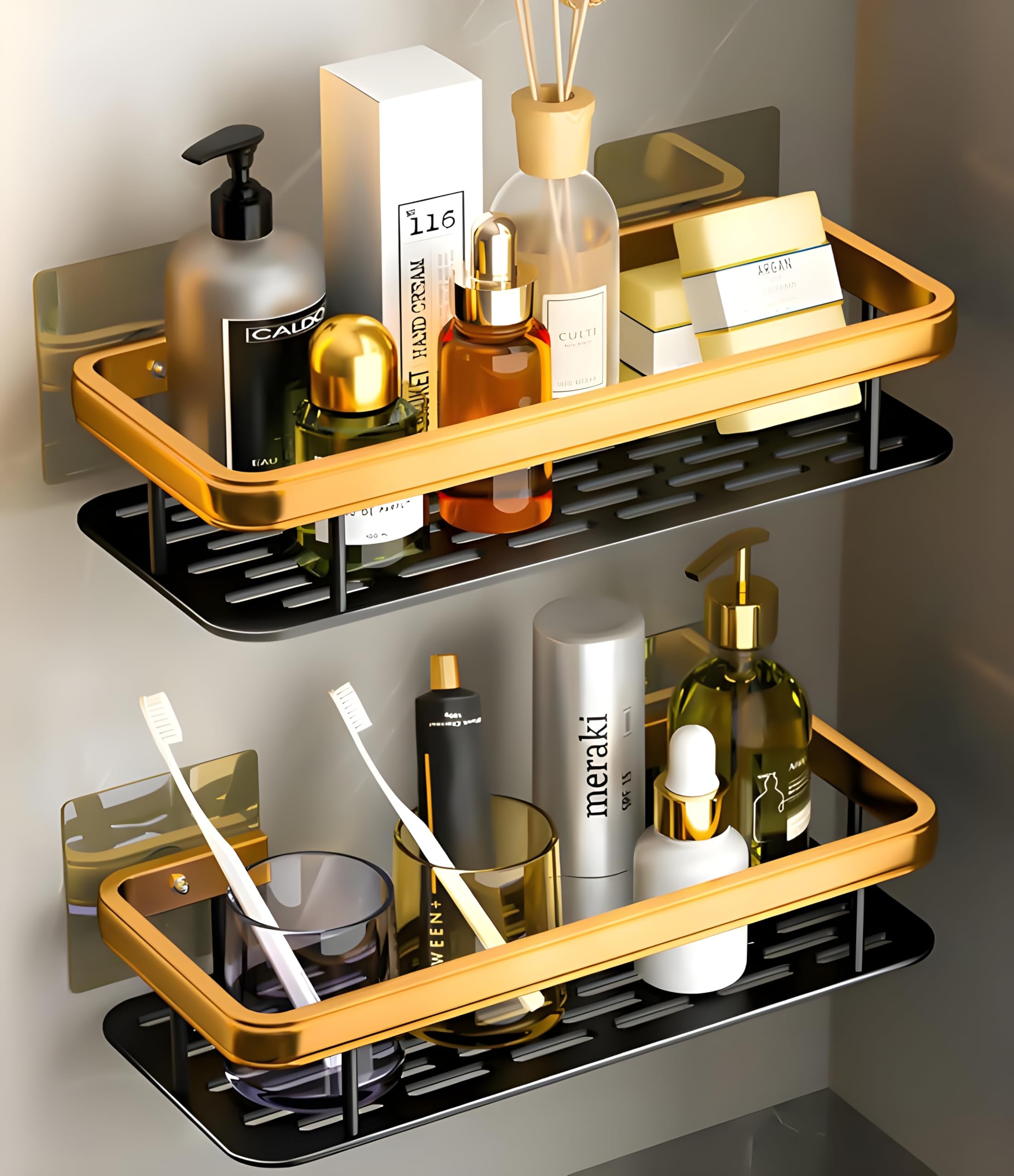 Multipurpose Self-Adhesive Aluminium Bathroom Wall Mounted Storage Organizer Shelf Holder/Rack/Bathroom Accessories (Pack of 2, Gold)
