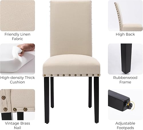 Miniatura 5 de Juego de 2 sillas de comedor de madera, sillas auxiliares de cocina tapizadas de tela moderna, silla de respaldo alto con clavos de cobre (beige)