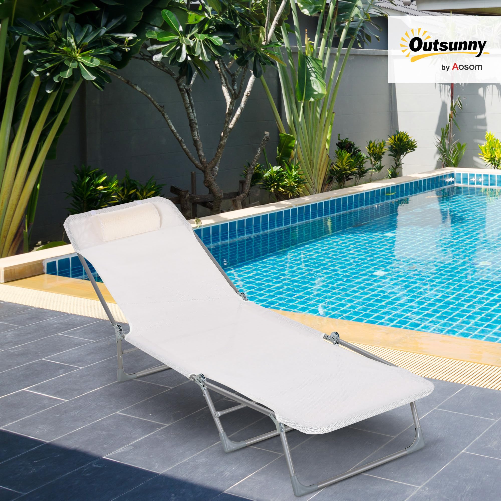 Outsunny Lettino Prendisole Pieghevole con Schienale Reclinabile su 5 Livelli e Poggiatesta, Sdraio da Giardino con Seduta Traspirante in Texteline, per Spiaggia Piscina Giardino, 182x56x28 cm, Crema