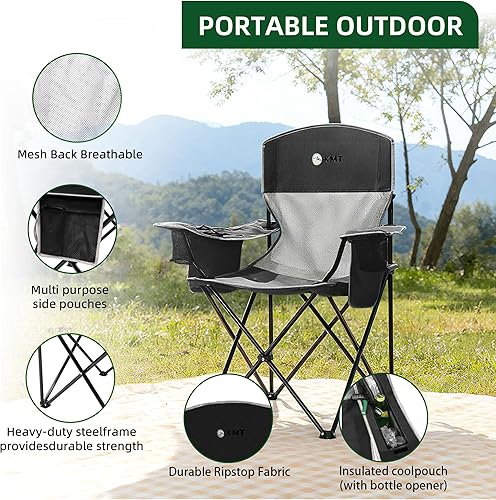 Miniatura 3 de Silla plegable portátil para exteriores con portavasos y bolsa enfriadora, malla transpirable, reposabrazos anchos, diseño ergonómico para