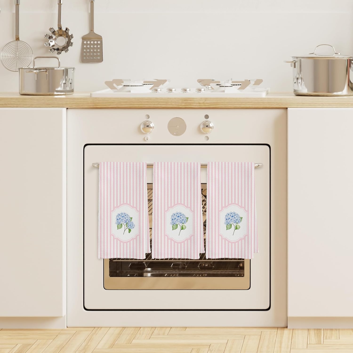 Pink Striped Blue Hydrangea Floral Kitchen Towels, Preppy Hydrangea Flower Dish Tea Towels, Cottagecore Flower Botanical Decorative Hand Towel for Kitchen Bathroom, 16x24 Inch Set of 3 - Image 5