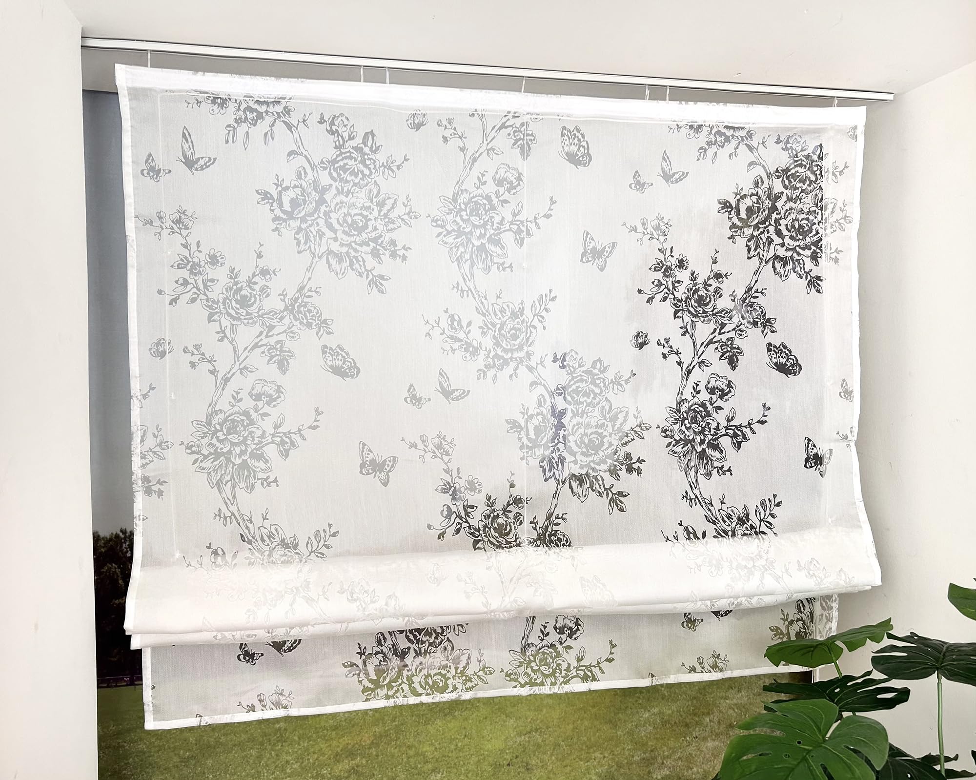 Devola Raffrollo mit Blumenmuster Raffgardine Ausbrenner Rollo Vorhang Küche Fenster Gardinen Landhausstil Gardinen Kurz Halbtransparent HxB 140x140cm Weiß mit Klettband 1 Stück