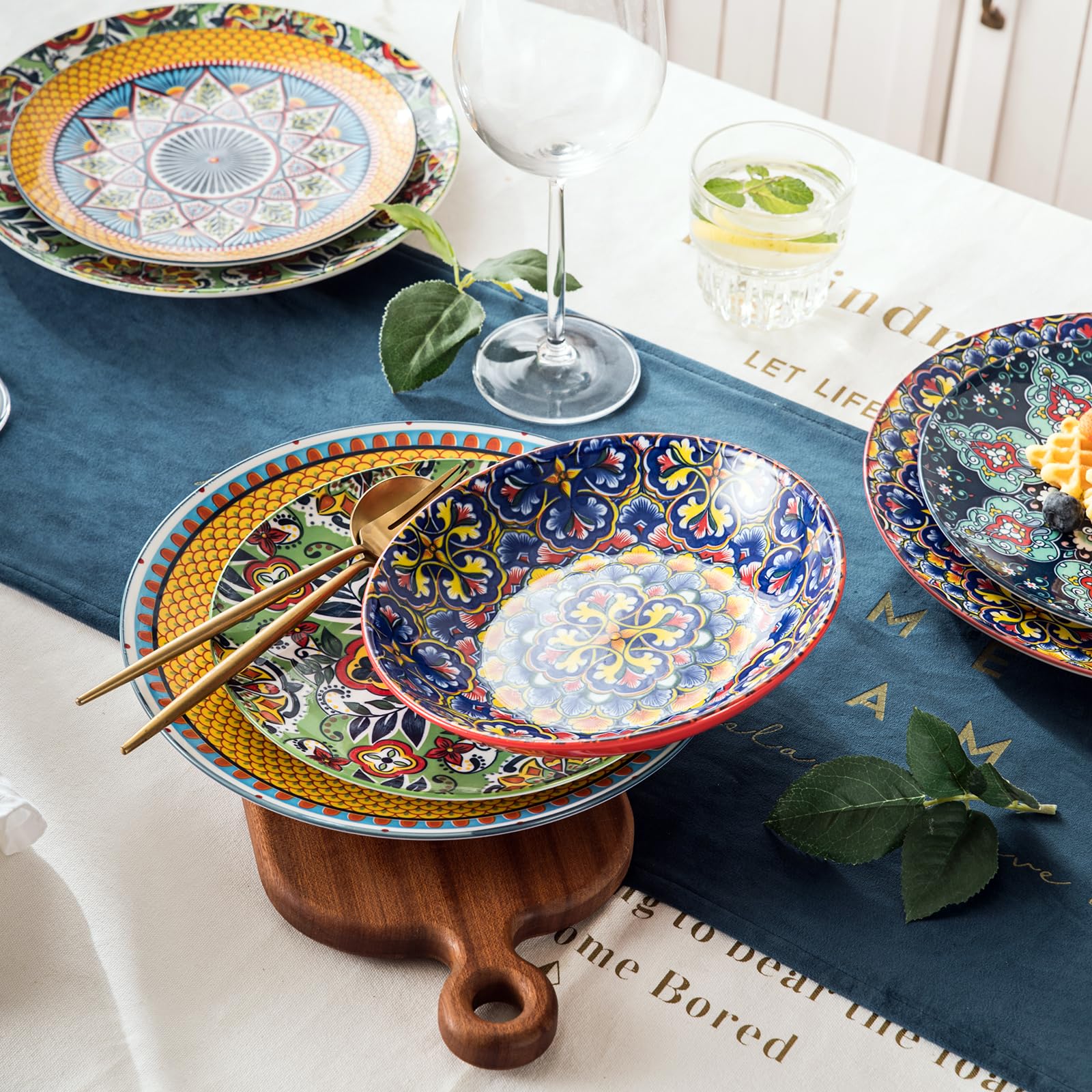 HENXFEN LEAD servizio da tavola in porcellana, servizio da 12 pezzi per 4 persone - Stoviglie colorate composte da 4x piatti da portata, 1x piatto, 4x piatti fondi - Stile bohémien