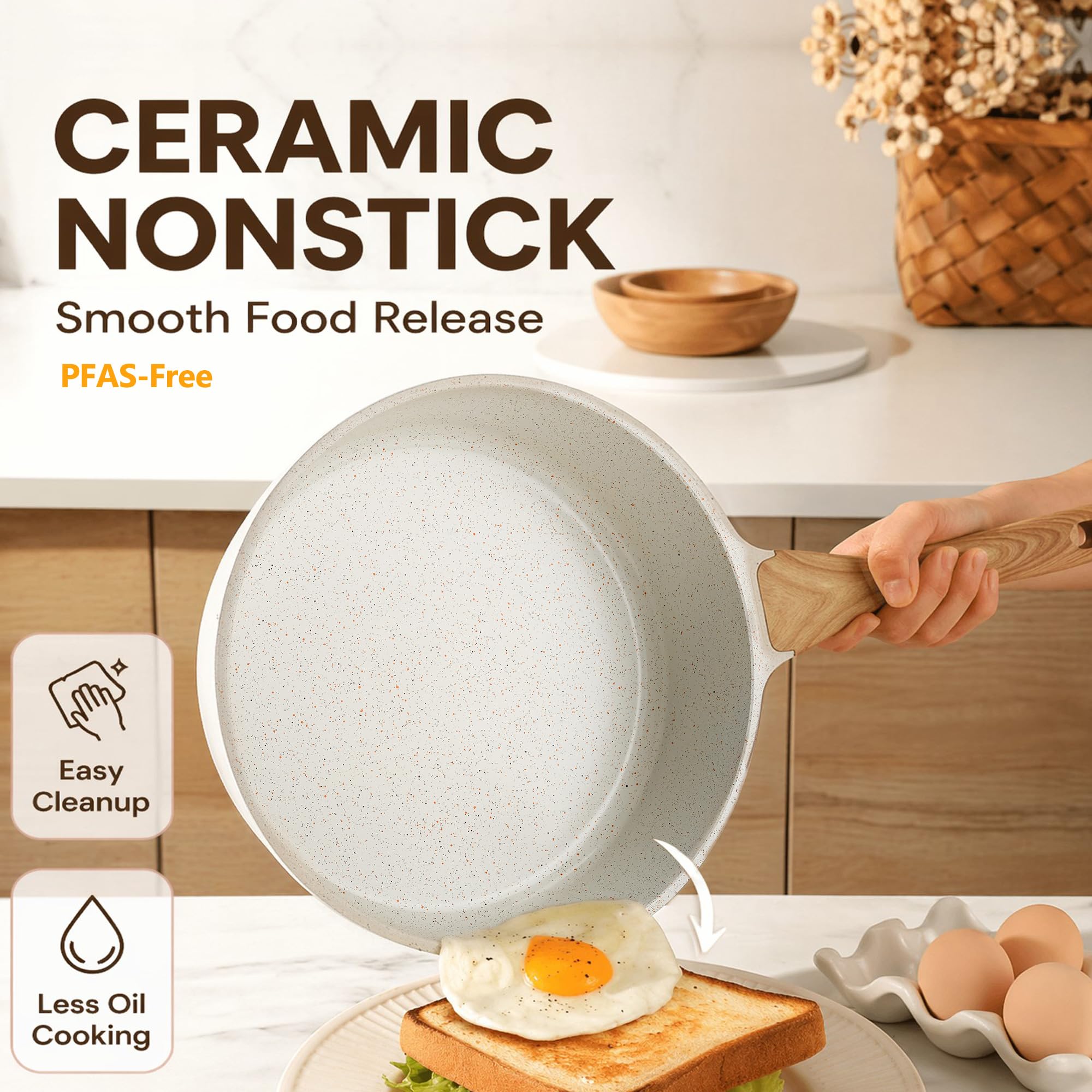 SENSARTE Set di pentole in ceramica antiaderente, set da 13 pezzi di pentole e padelle atossiche, set da cucina salutare con manici che rimangono freschi, strumenti in silicone e protezioni per