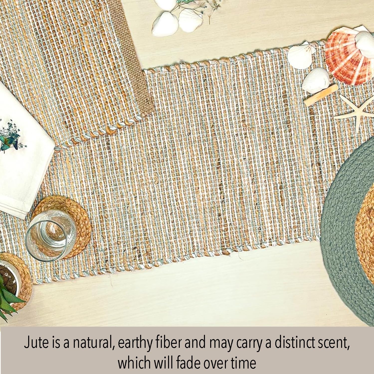 Chardin home Natural Jute Table Runner 13x90 Inch – Vintage Boho Rustic Table Decor – Handwoven Table Runner in Natural Jute and Sage Green-White – Farmhouse Dining or Console Table Accent