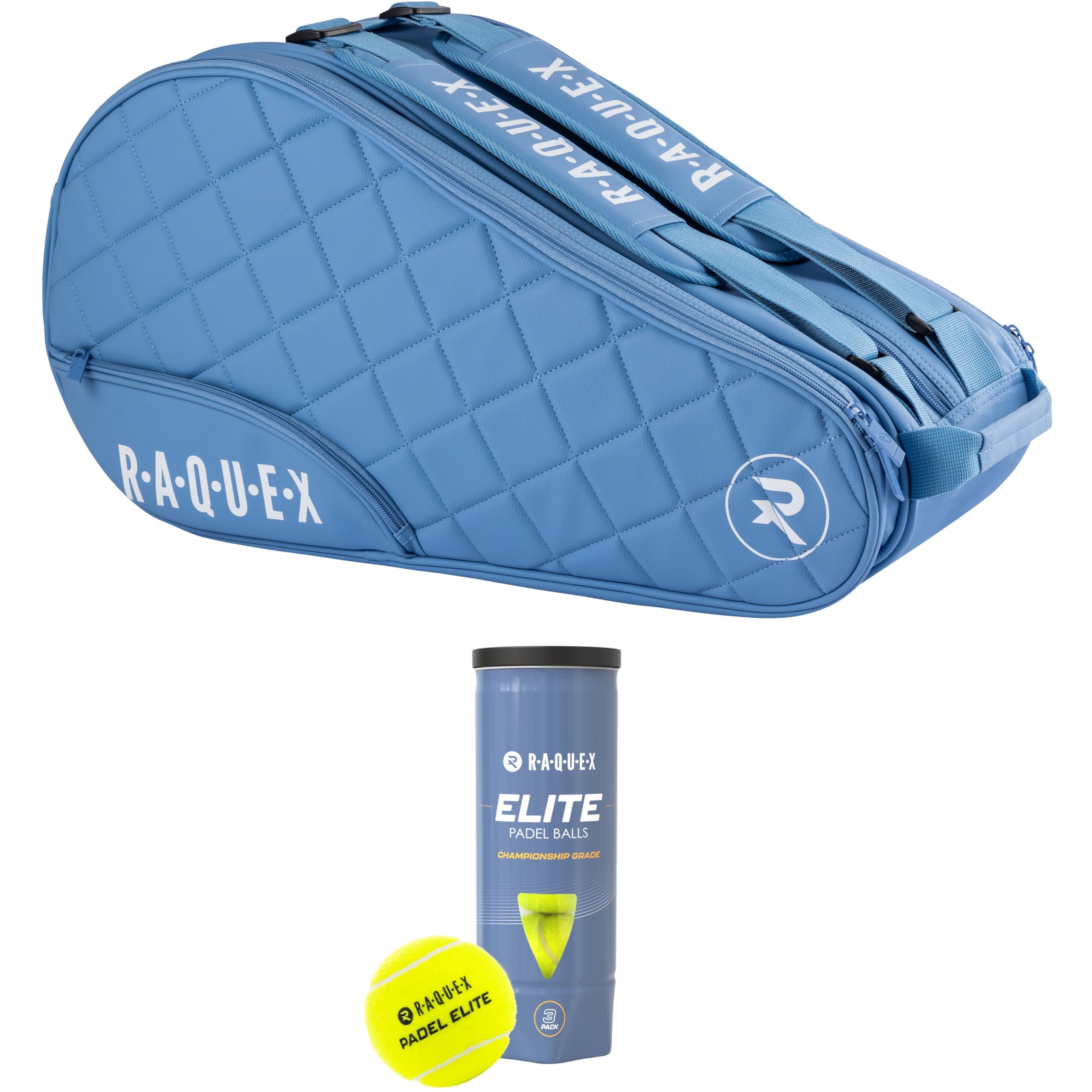 Raquex Elite Padel/Pickleball 4 Racket Bag โ Blue or Black - Quilted Faux Leather Racquet Backpack for Men & Women - Thermal Lined & Padded Racquet Protector - Luxury Gift (Blue + Padel Balls)