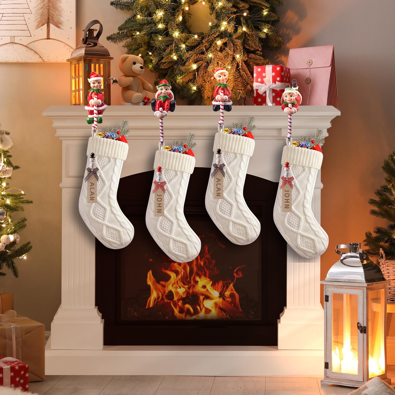 Christmas 3D Elves Stocking Holders for Mantle, Set of 4 HandPainted