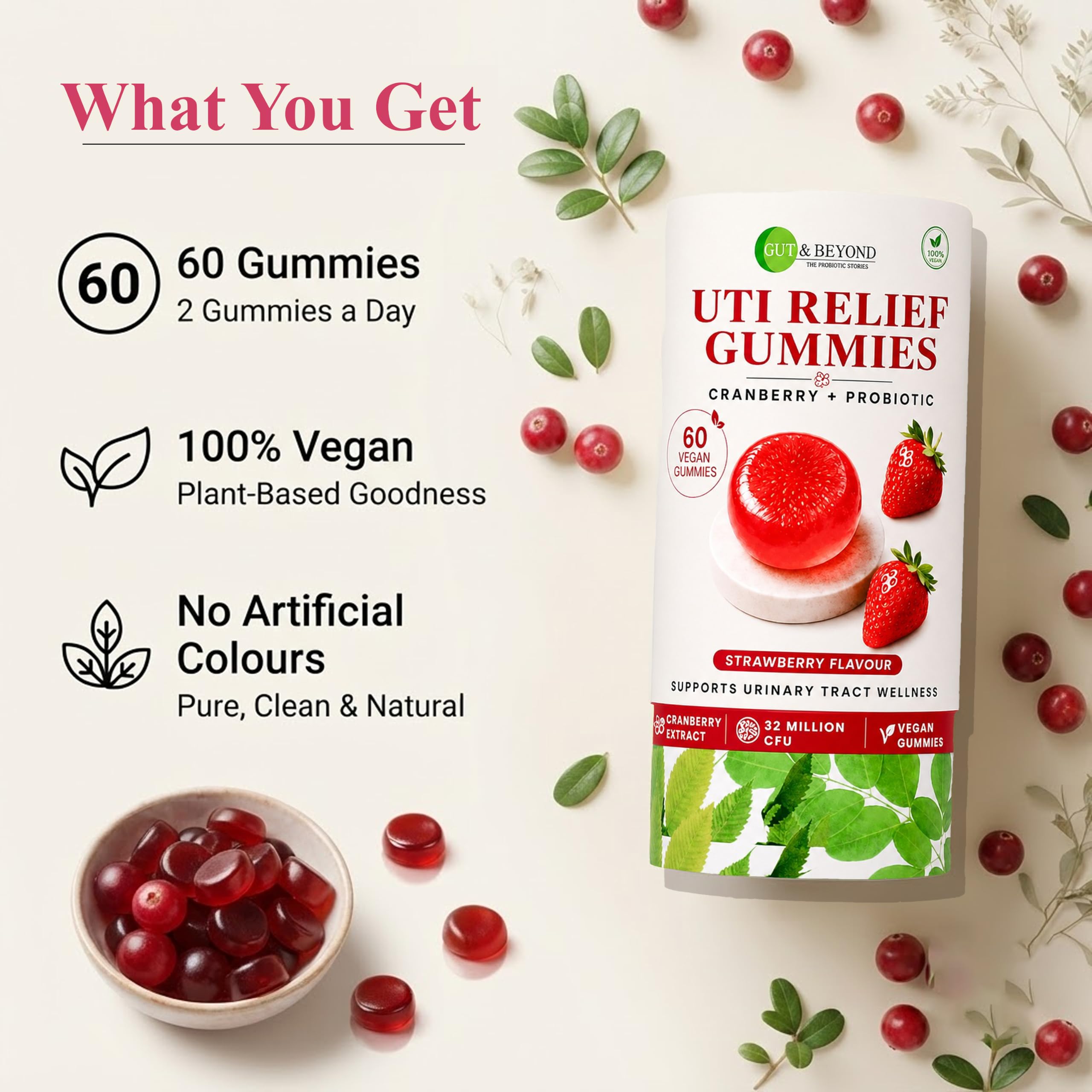 Gut and Beyond UTI Relief Gummies 60 Count| Cranberry and Probiotic Formula | Supports Urinary Tract Comfort and Bladder Health | Vaginal Microbiome Support | Women | Strawberry Flavour — Amazon image 7
