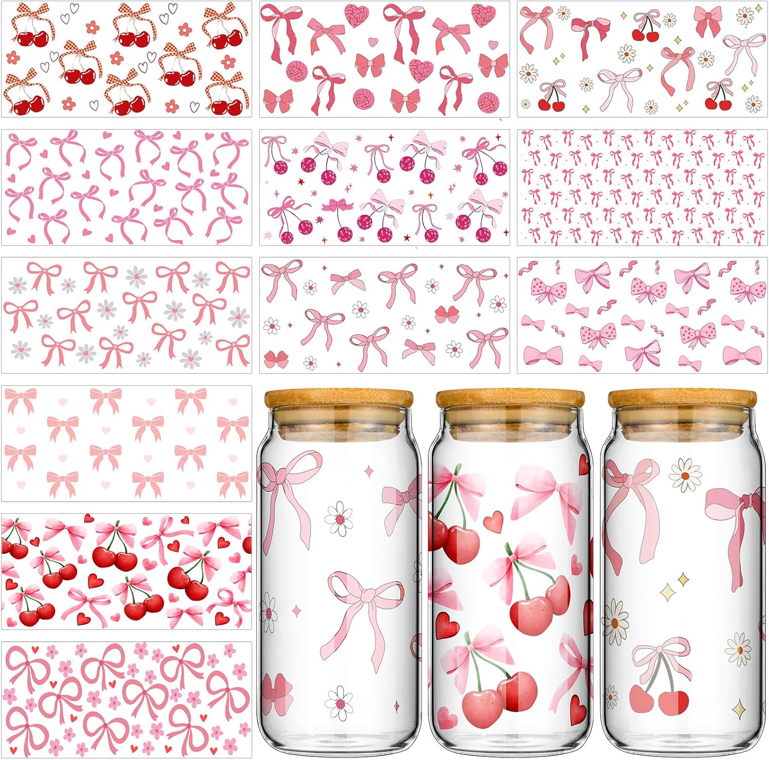 Glenmal 12 Sheets Coquette UV DTF Cup Wrap Stickers Pink Bow UV DTF Cup Wraps Transfer Stickers for DIY Craft Decorations for 16 oz Glass Water Bottle(Classic)