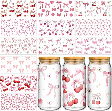 Glenmal 12 Sheets Coquette UV DTF Cup Wrap Stickers Pink Bow UV DTF Cup Wraps Transfer Stickers for DIY Craft Decorations for 16 oz Glass Water BottleClassic