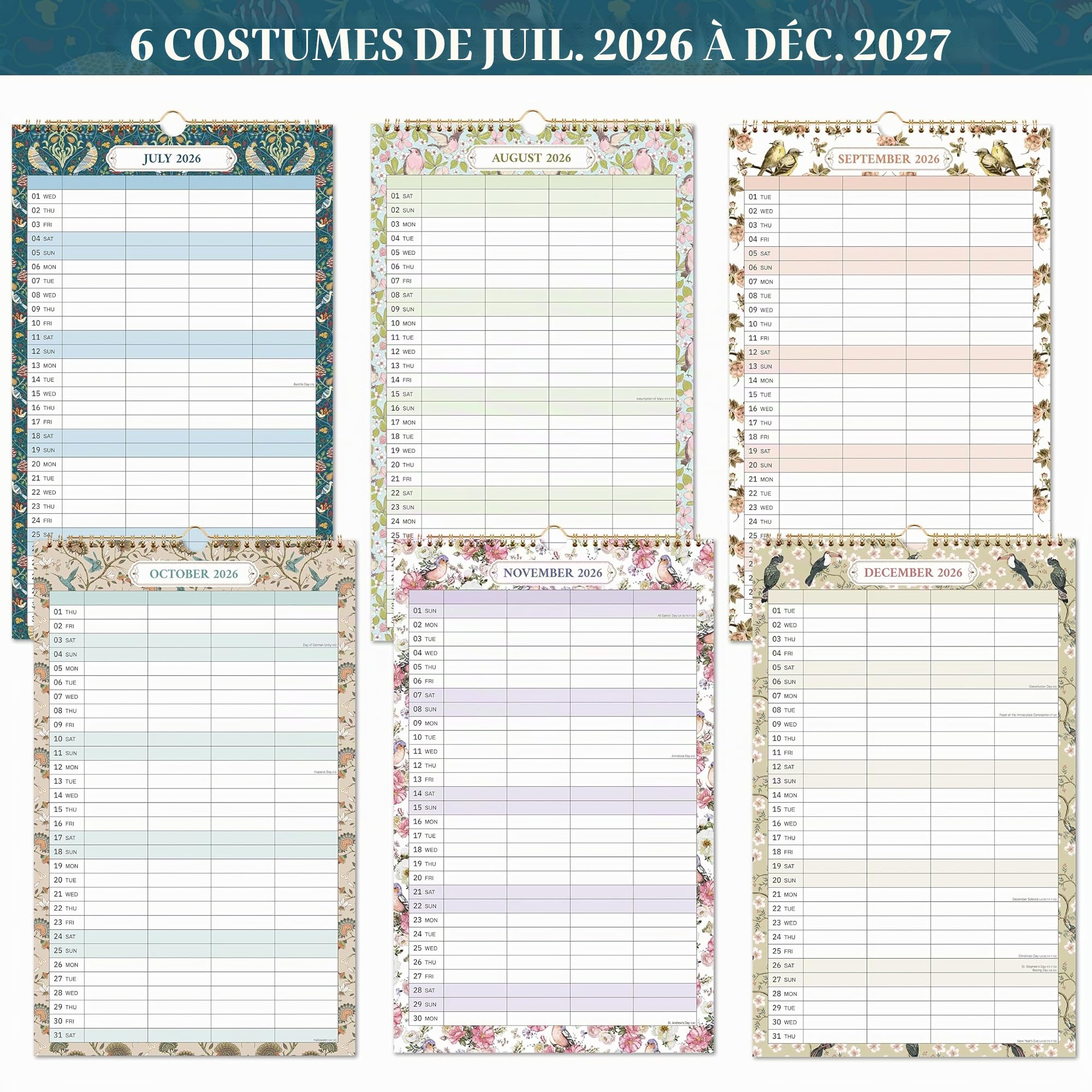 Calendrier 2026-2027 uk - Calendrier Familial 2026-2027, Calendrier Mural de juillet 2026 à décembre 2027, 38 x 23,5 cm, Mise en page à 4 Colonnes, oiseau