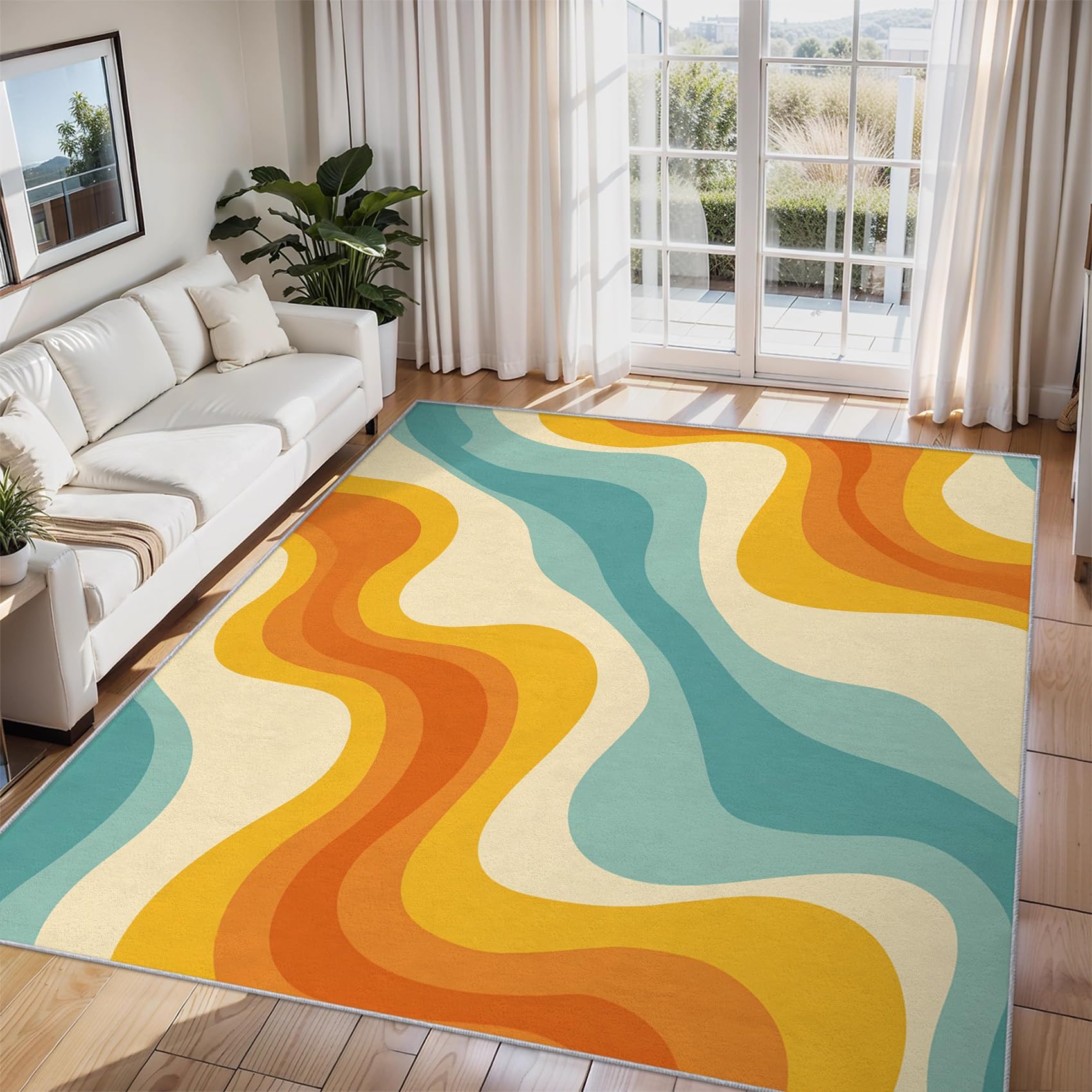 Générique Tapis Salon Rétro Vague, Style Années 60-70 Tapis Poil Ras Doux Antidérapant 140x200cm pour Chambre Salle à Manger Bureau, Décoration d'intérieur