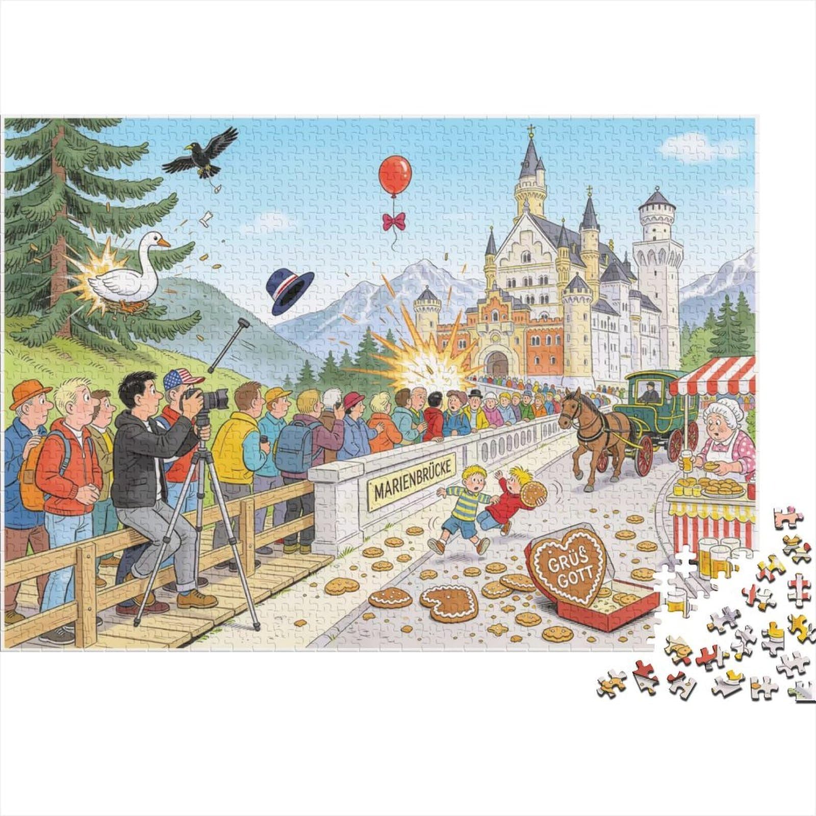 Neuschwanstein Castle Tour Group Photo Bomb Wooden Jigsaw Puzzle Waterproof 1000 Piece Puzzles for Adults Gifts Impossible Educational Games — image 1