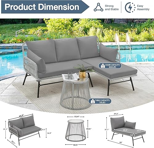 Miniatura 3 de EROMMY Juego de 3 piezas de muebles de patio estilo bohemio, juego seccional en forma de L con sofá, cojines gruesos y mesa de centro de vidrio