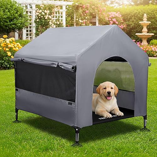 36" Dog House Outdoor Indoor with Breathable Mesh Windows, 2-in-1 Outside Dog House Elevated Dog Bed Cot Dog Tent Shade Shelter, Easy to Assemble & Clean (36 INCH)