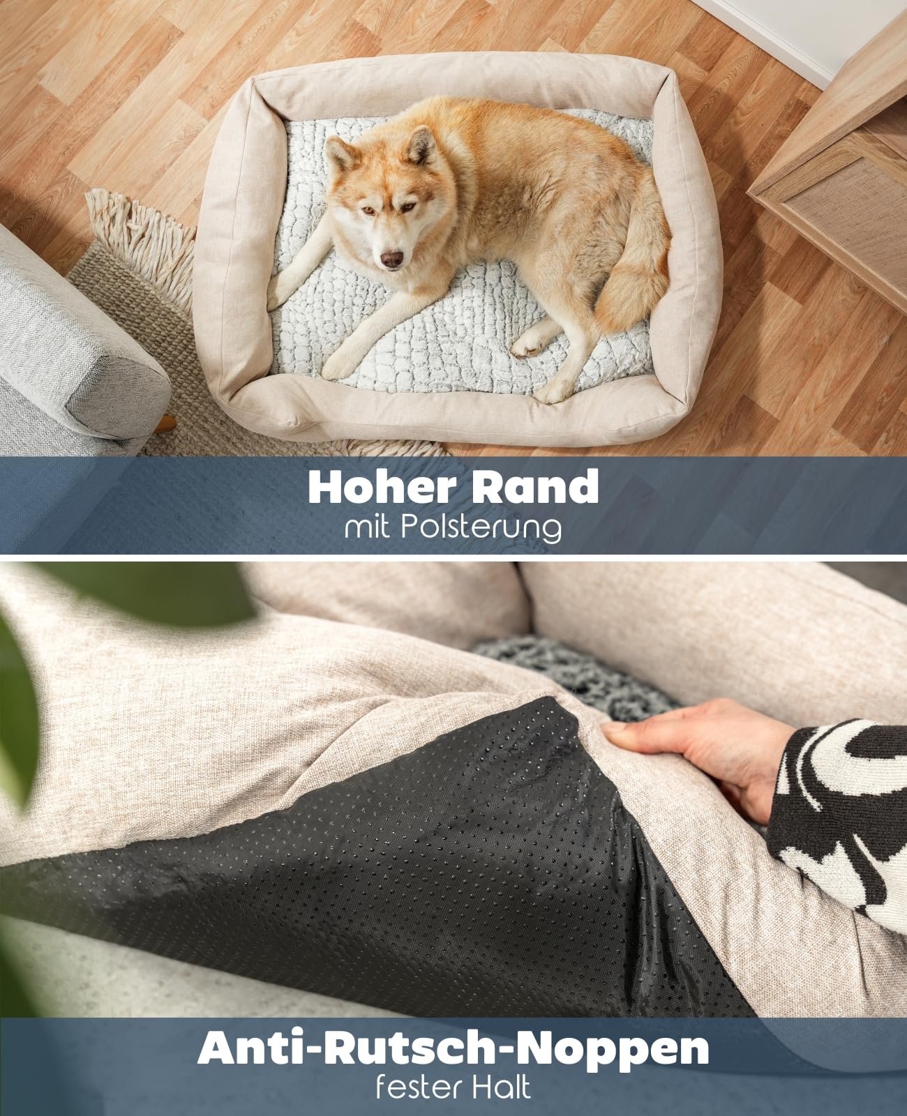 lionto Hundekörbchen mit Flauschigem Wendekissen, 110 x 80 cm, Beige | Robustes Haustierbett in meliertem Design mit tiefem Einstieg für Hunde & Katzen aller Größen, pflegeleichtes Material