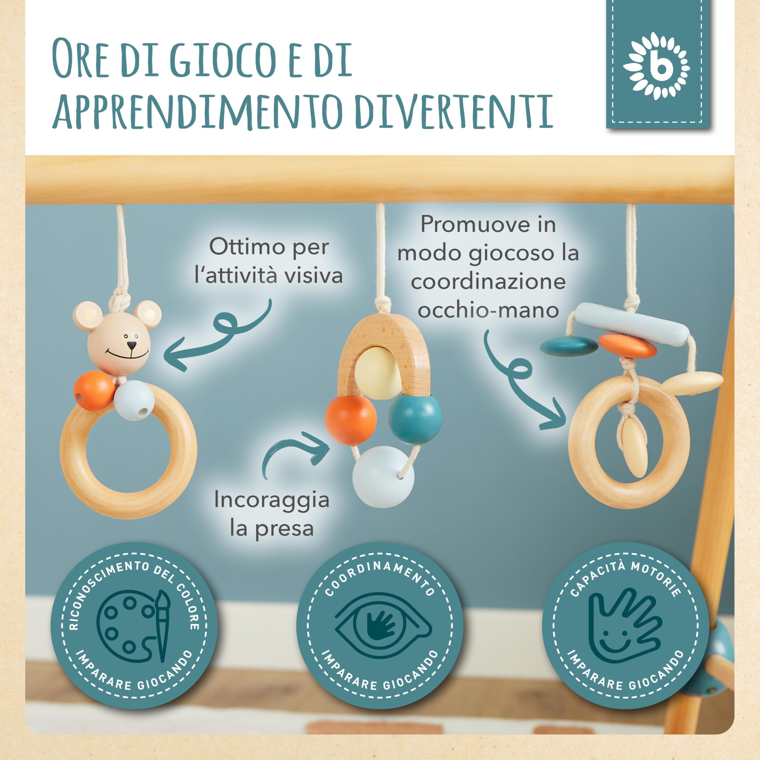 Bieco | bambini Palestrina neonato legno | palestra neonati | palestrina neonato montessori | tappeto sensoriale bambini | giocattoli legno neonati| giochi legno neonati | giocattoli legno neonati