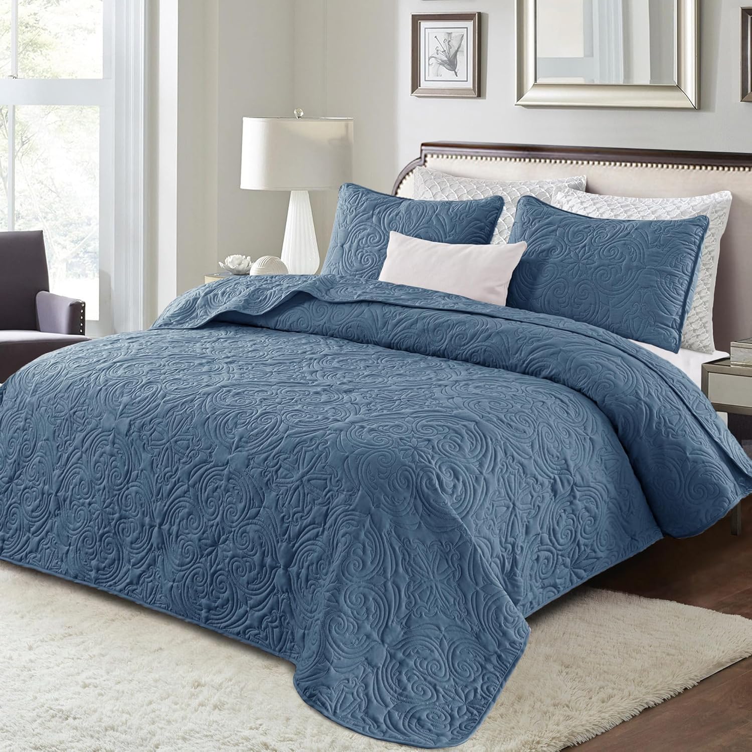 Exclusivo Mezcla Quilts Queen Size Bedding Set with 2 Pillow Shams, Lightweight Grayish Blue Full Queen Quilt Bedspread with Vintage Damask Pattern, Soft Bedspreads Coverlets for All Seasons - Image 2
