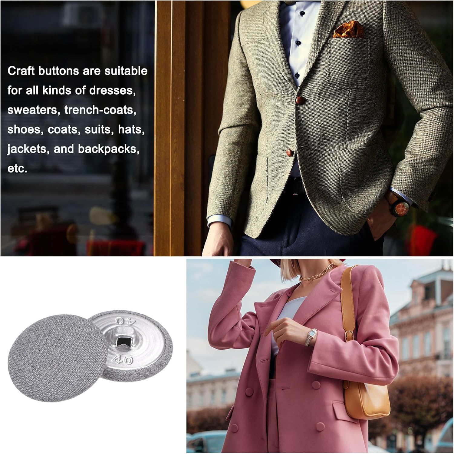 HARFINGTON 30pcs 40L Fabric Cloth Covered Button 25mm Metal Shank Round Sewing Buttons for Suits Dress Blouses, Grey - Image 5