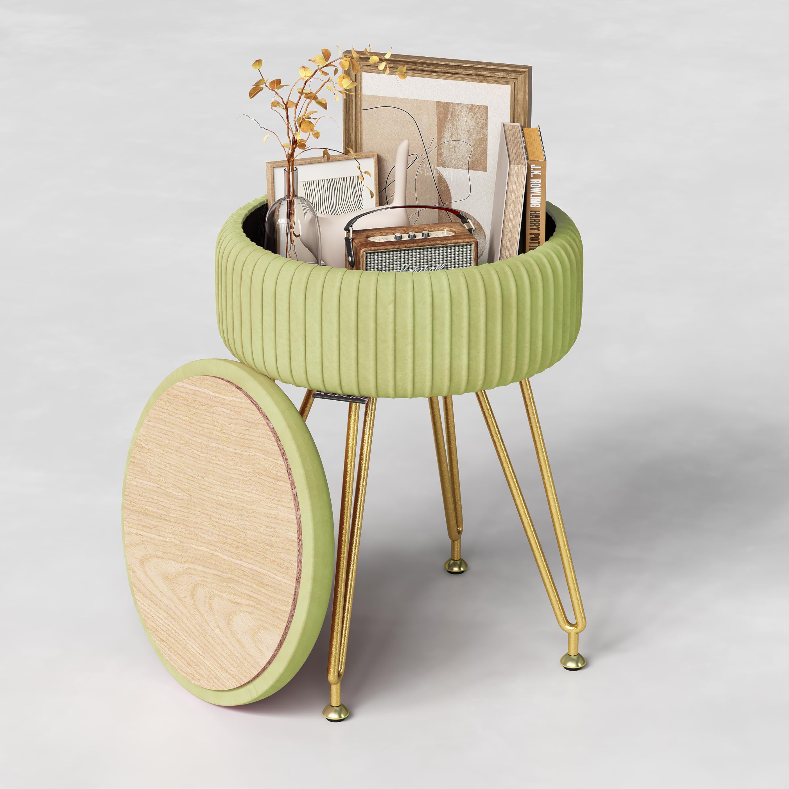 Redlife Velvet Vanity Chair, otomano Tocador taburete de almacenamiento, moderno y elegante, color verde matcha