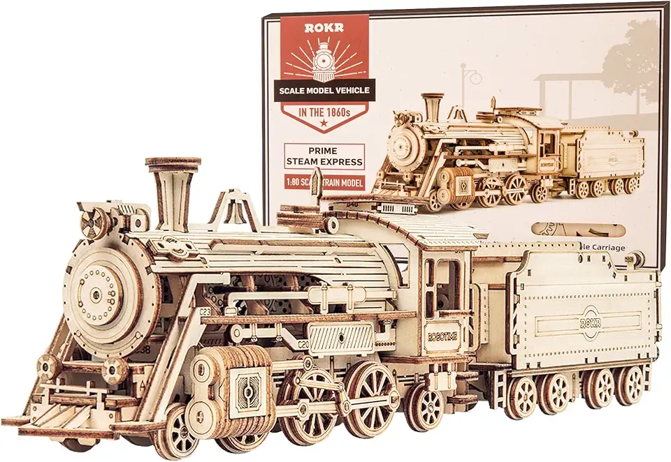 ROKR 3D Wooden Puzzle for Adults-Mechanical Train Model Kits-Brain Teaser Puzzles-Vehicle Building Kits-Unique Gift for Teens on Birthday/Christmas Day(1:80 Scale)(MC501-Prime Steam Express)