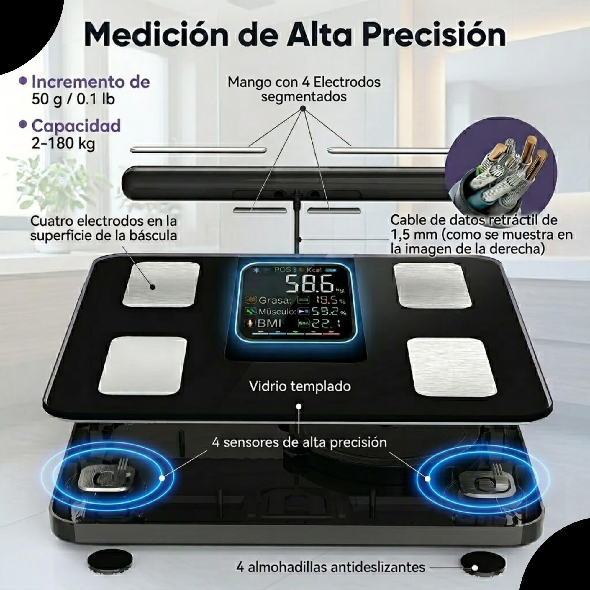 Báscula bioimpedancia Inteligente bluetooth, Análisis Corporal Completo +27 mediciones,%grasa corporal, músculo, 8 Electrodos de Alta Precisión, 180 kg