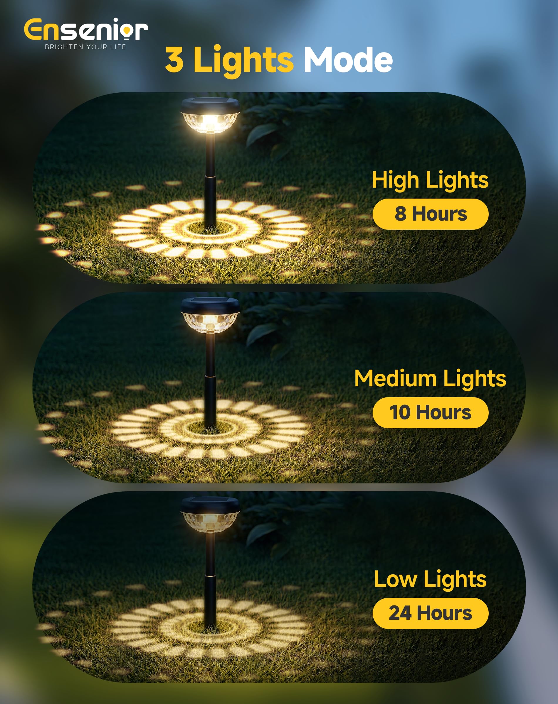 Ensenior 8er-Pack Solarleuchten für den Außenbereich, Auto ON/OFF 3000K LED Solar Gartenleuchten für Weg, Hof, Terrasse, Gehweg, Blumenbeet, wasserdicht, energieeffiziente Landschaftsbeleuchtung