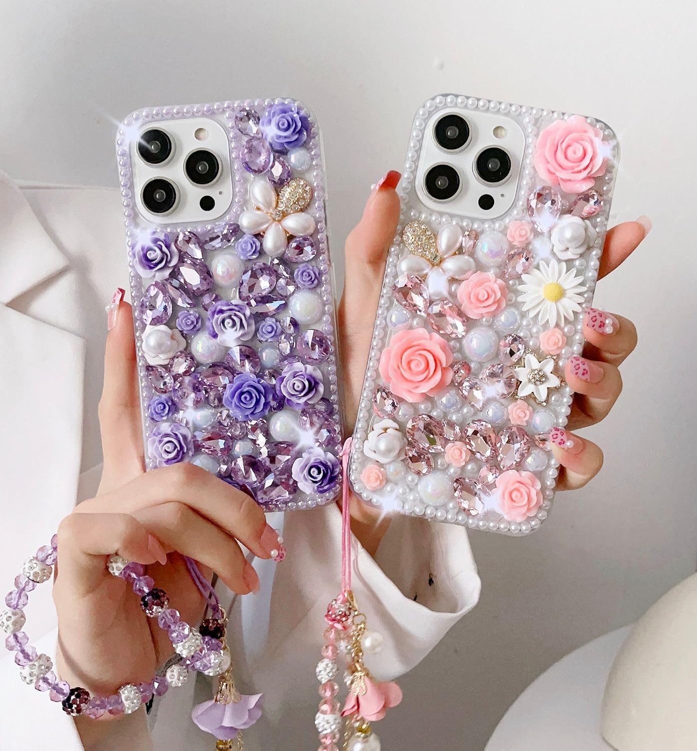 Bling Diamond Case for Google Pixel 10 Pro XL with Pearl Bracelet Strap Cover,Pink 3D Sparkly Shiny Crystal Rhinestones Flower Girly Shockproof Phone Case with Lanyard