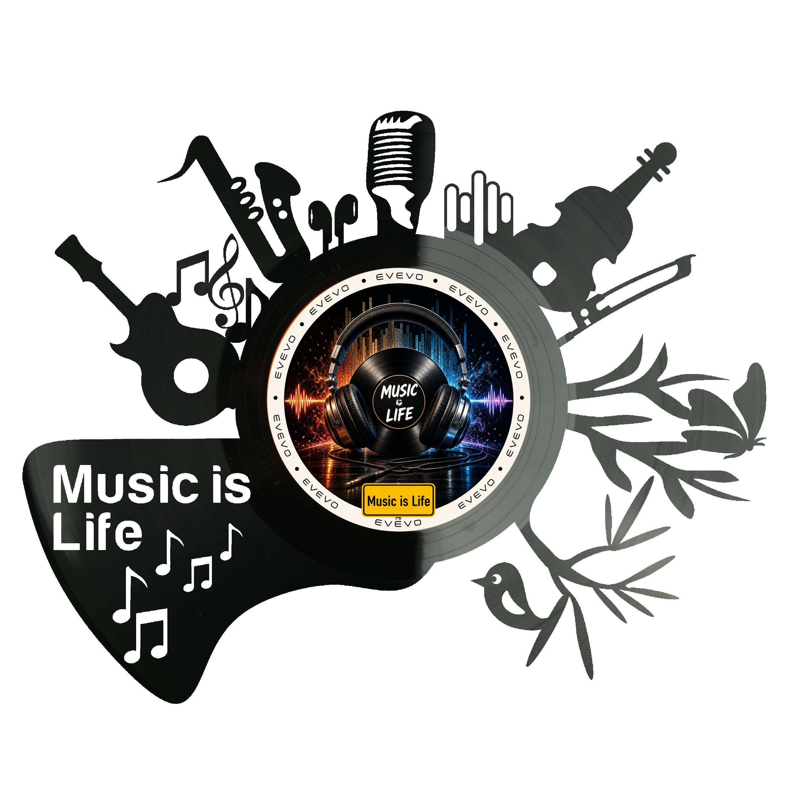EVEVO Dekoracja ścienna z płyty gramofonowej Music is Life - winylowa sztuka ścienna, nuty prezent dla miłośników muzyki, muzyków, autorów piosenek, styl retro D0063