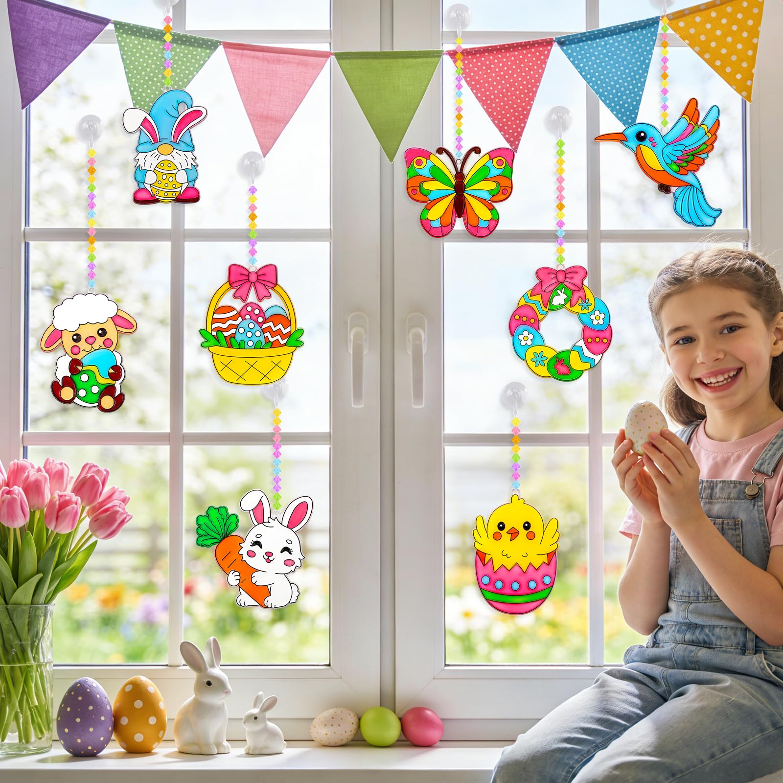 Kit de 24 Décorations Pâques à Suspendre, œufs Lapin Poulet Papillon Oiseaux à Peindre, Attrape-soleil Pendentif Fenêtre