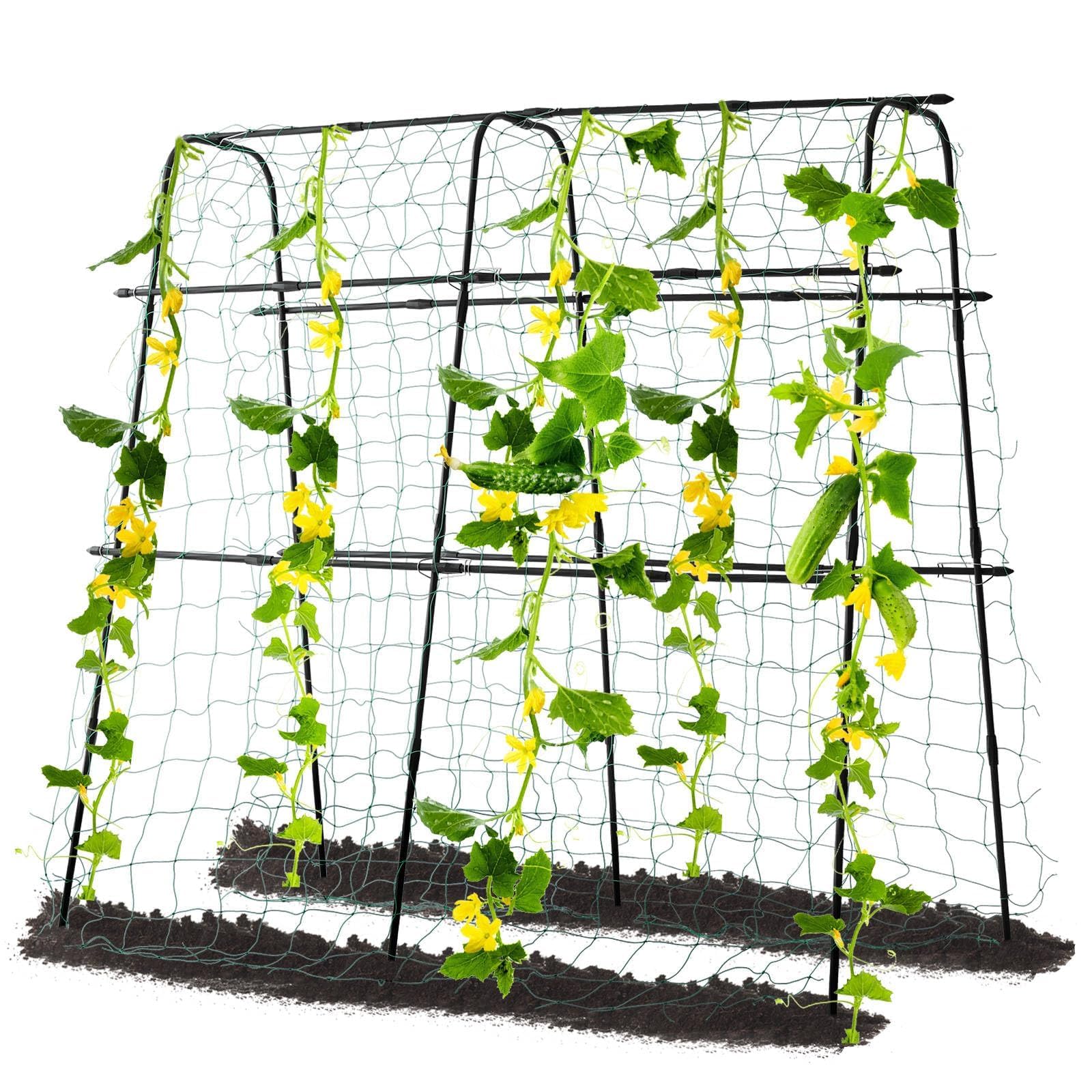 Garden Trellis for Climbing Plants Outdoor, Metal Cucumber Trellis Plant Support for Outdoor Vegetables Fruits Flowers Vines Cucumber Trellis Raised Bed, with Nylon Netting, 63" Hx 63" L, Black