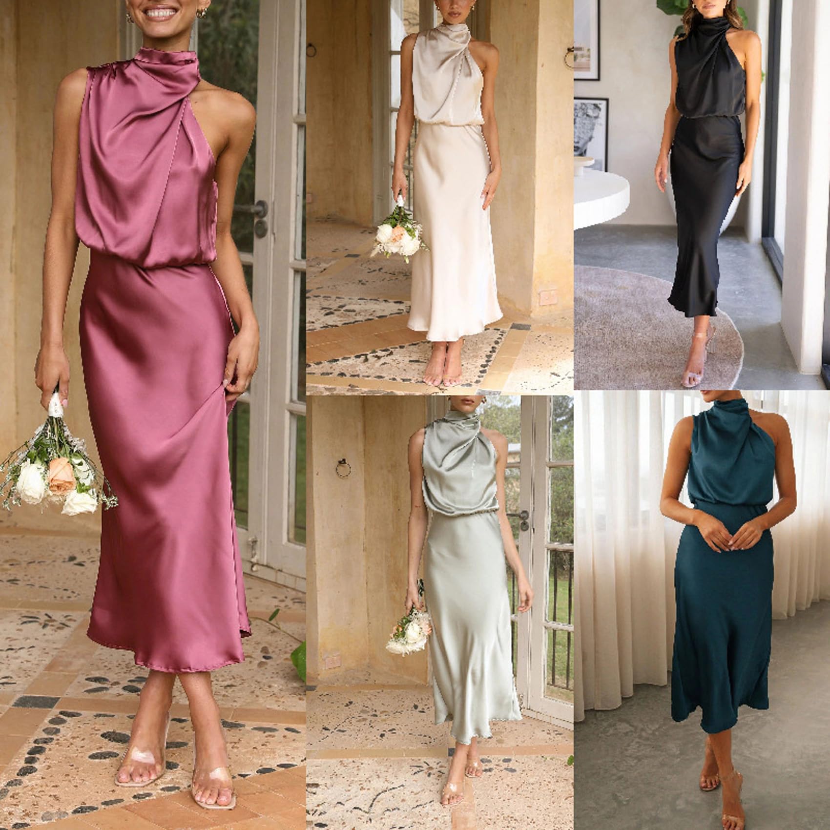 Verano Temperamento Mujeres Sin Mangas Cuello Colgante Color SóLido Cintura Alta Vestidos Casual CóModo