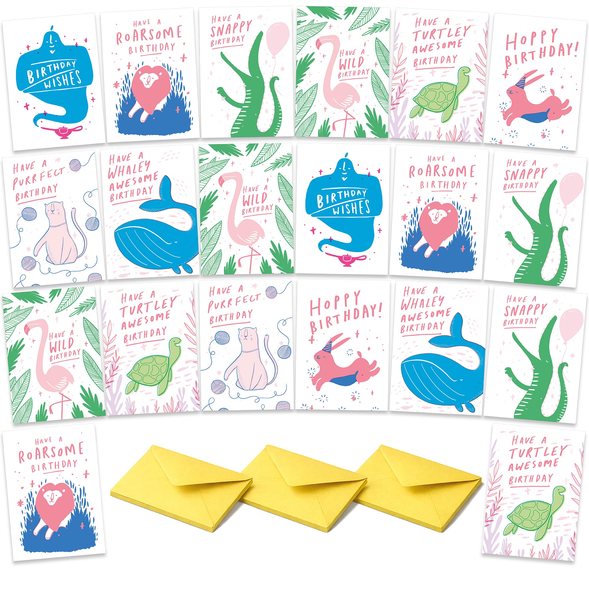 Happy Birthday Cards Packs of 20, Assorted colourful Animal Art Illustration Designs, Eco-friendly and, Adult and Child, Blank Inside with Premium Envelopes, Multipack Bulk Set