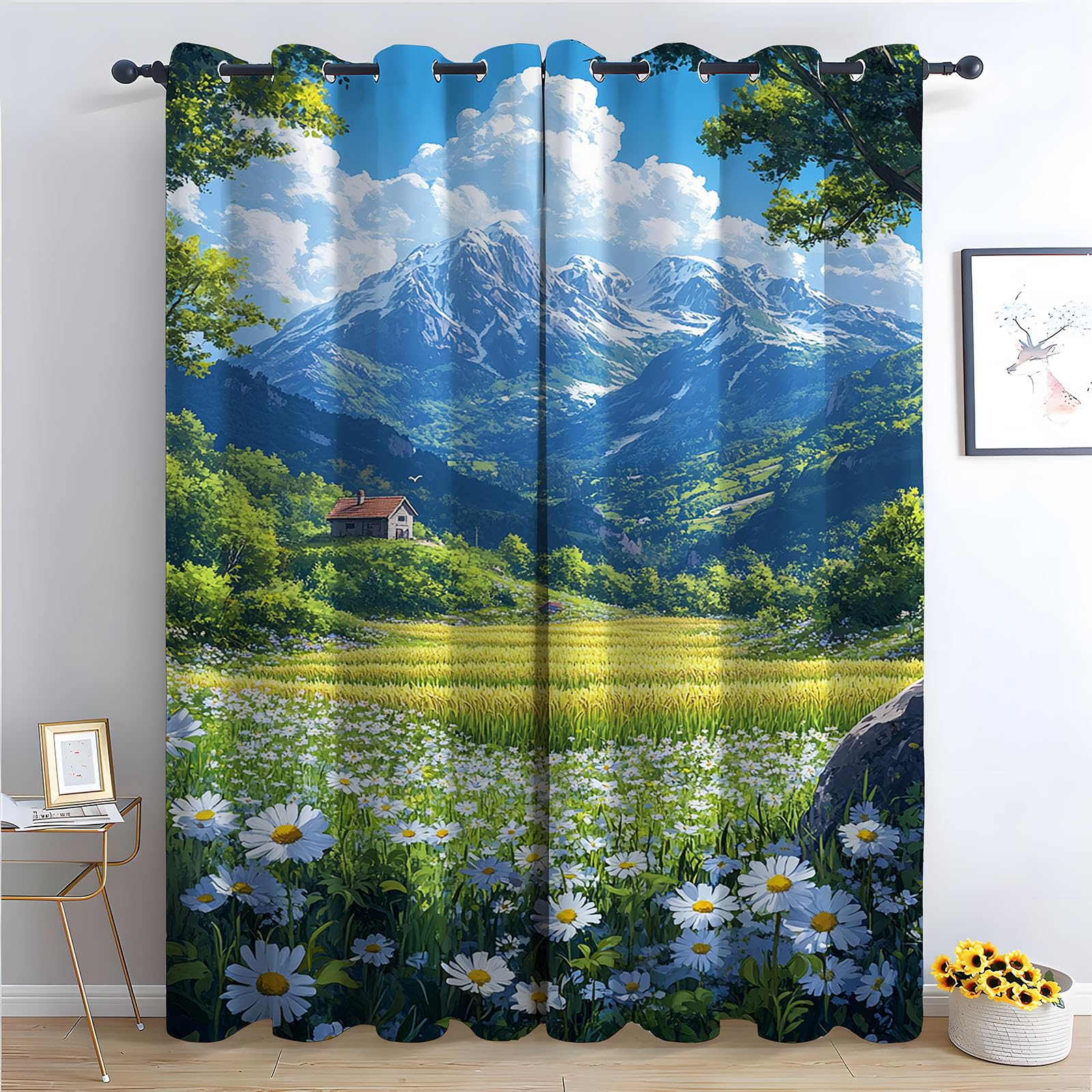 Rideaux à œillets texturés style floral vintage motif prairie verte H180xL140 cm