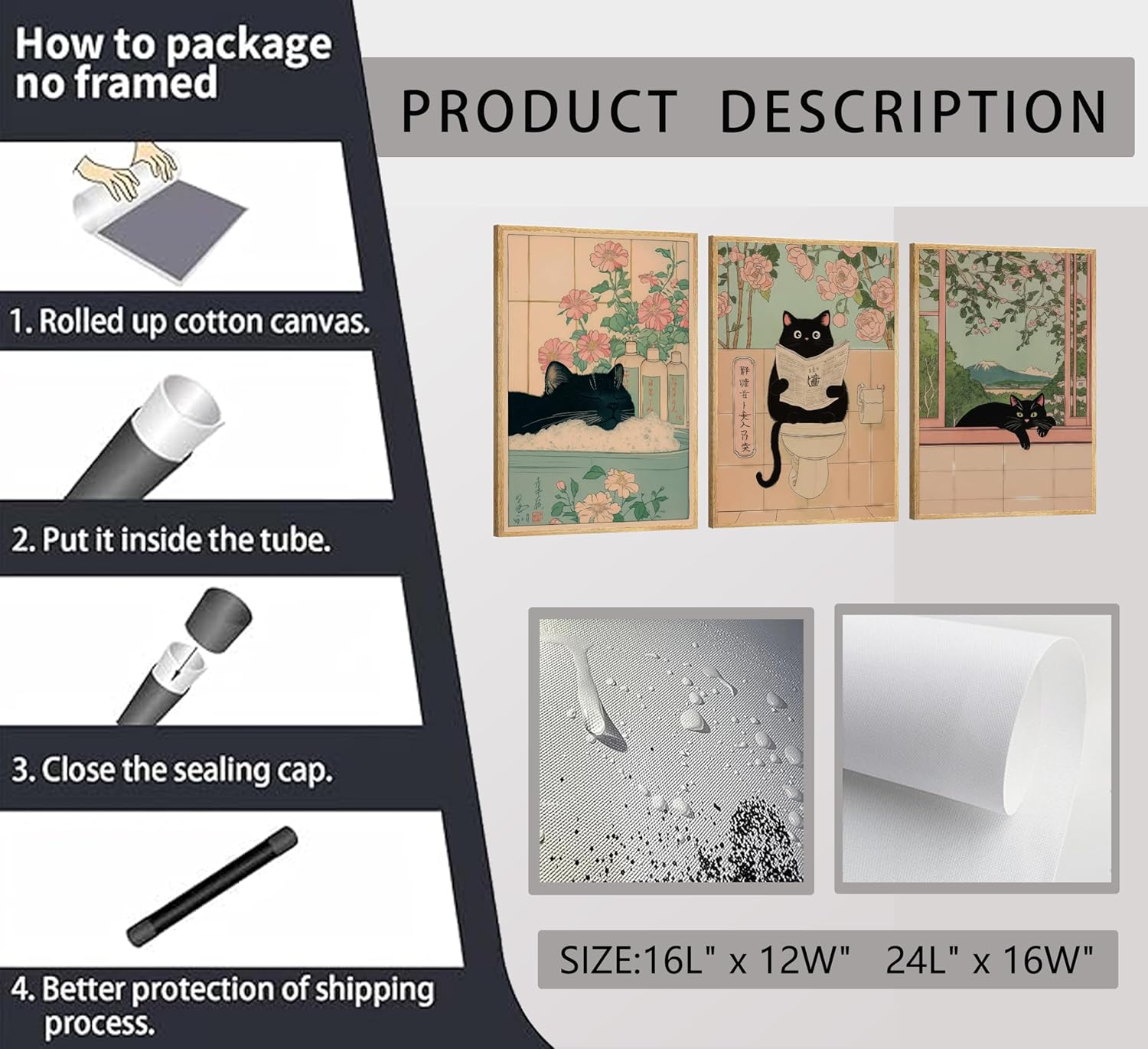 3Pcs Funny Bathroom Cat Wall Art Japanese Funny Black Cat in Bathtub Pictures Wall Decor Paintings Bathroom Animal Aesthetic Posters Prints Artwork for Bedroom Restroom Spa Room Home Decoration - Image 9