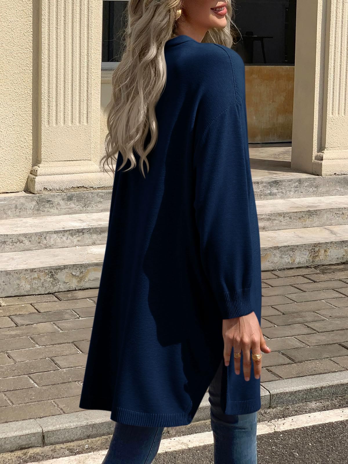 Saodimallsu Cardigan da donna lungo leggero a maniche lunghe aperto davanti maglione monocromatico tempo libero cappotto a maglia capospalla con tasca, Blu scuro, L