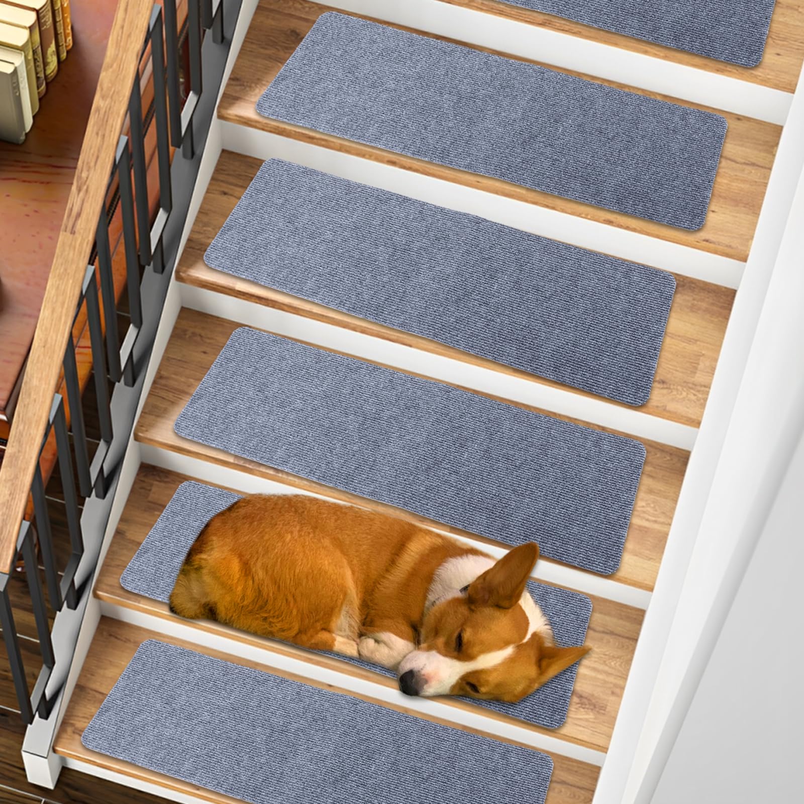 LOLYSIC 15 Pack Stair Treads, Anti Slip Carpet Treads Self Adhesive Runner Pads Steps Protector Mat for Kids Elders Pets, Light Grey, 22x70cm