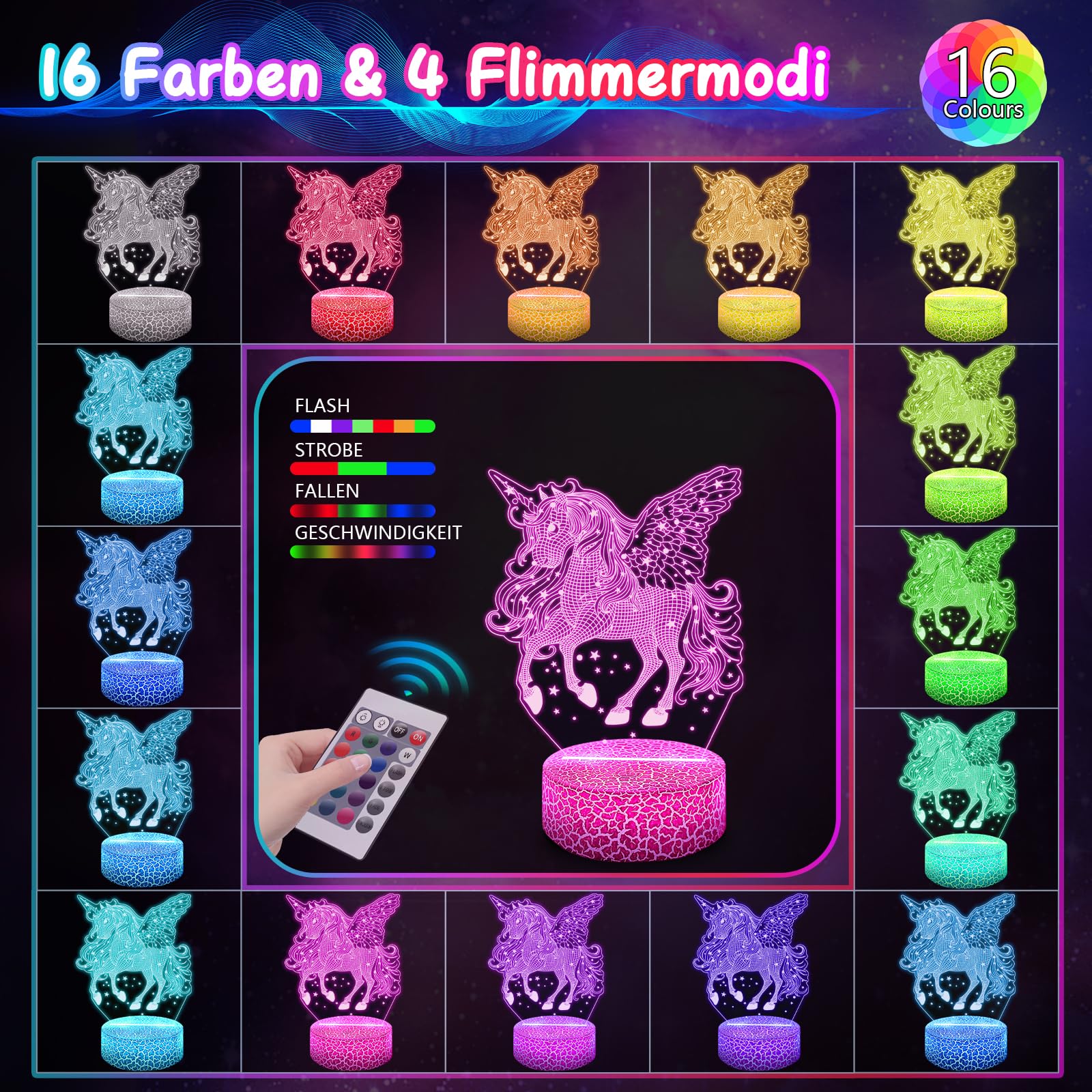 Polemera Luce Notturna Unicorno per Bambini, lampada Unicorno illusione 3D con 16 colori cambiare da telecomando, Regalo unicorno per una bambina di 6 7 8 9 10 11 12 anni, lampada cameretta bambino