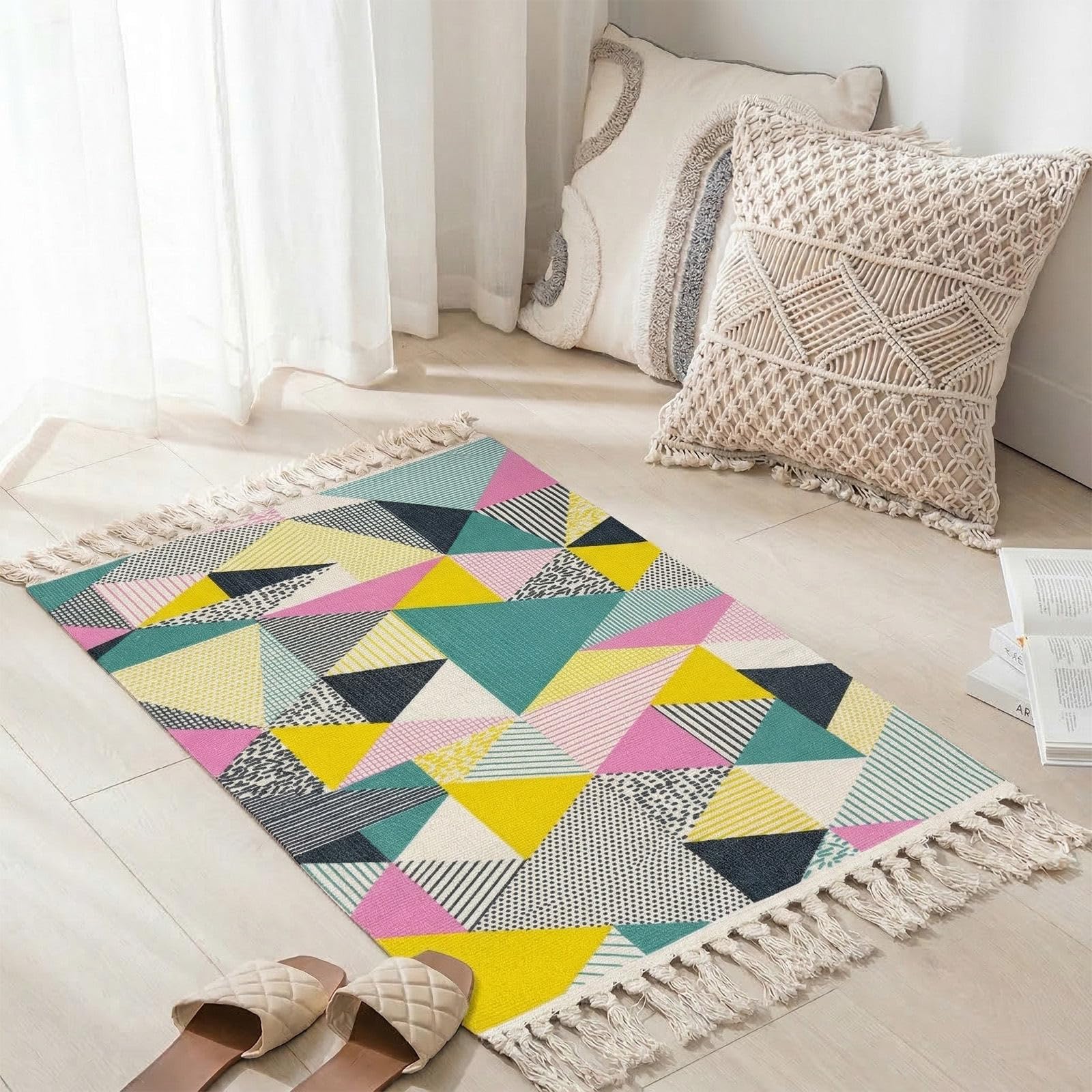 Boho-Teppiche für Wohnzimmer, kleine gewebte Baumwollteppiche mit Quaste, 60 x 90 cm, Vintage-Bauernhaus-Überwurf, waschbar, Küche, Badezimmer, Schlafzimmer, Waschküche, Eingangsbereich, Innenbereich