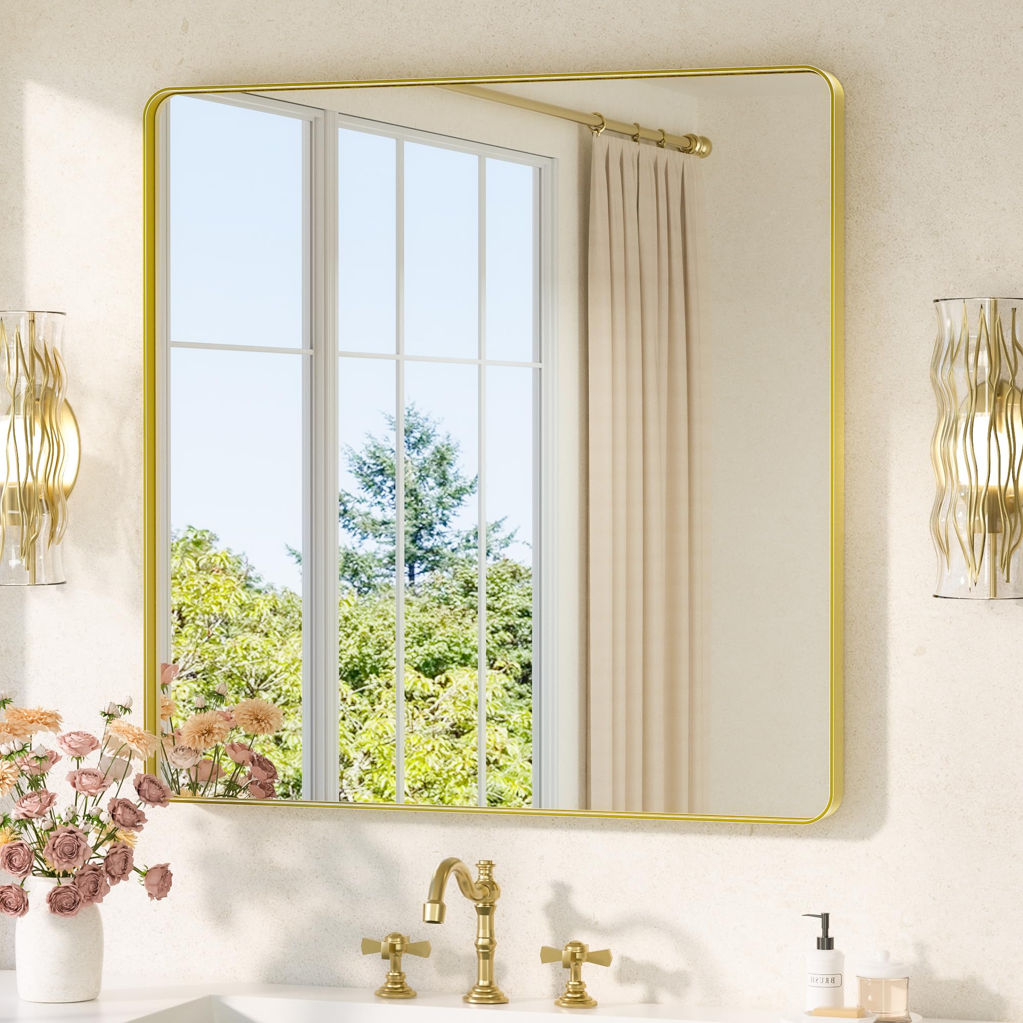TETOTE 90x90cm Wandspiegel Gold Ohne Beleuchtung, Rechteckig Badspiegel mit Runder Ecke, Metallrahmen Badezimmer Spiegel für Waschbecken, Gehärtetes Glas Dekorative Spiegel