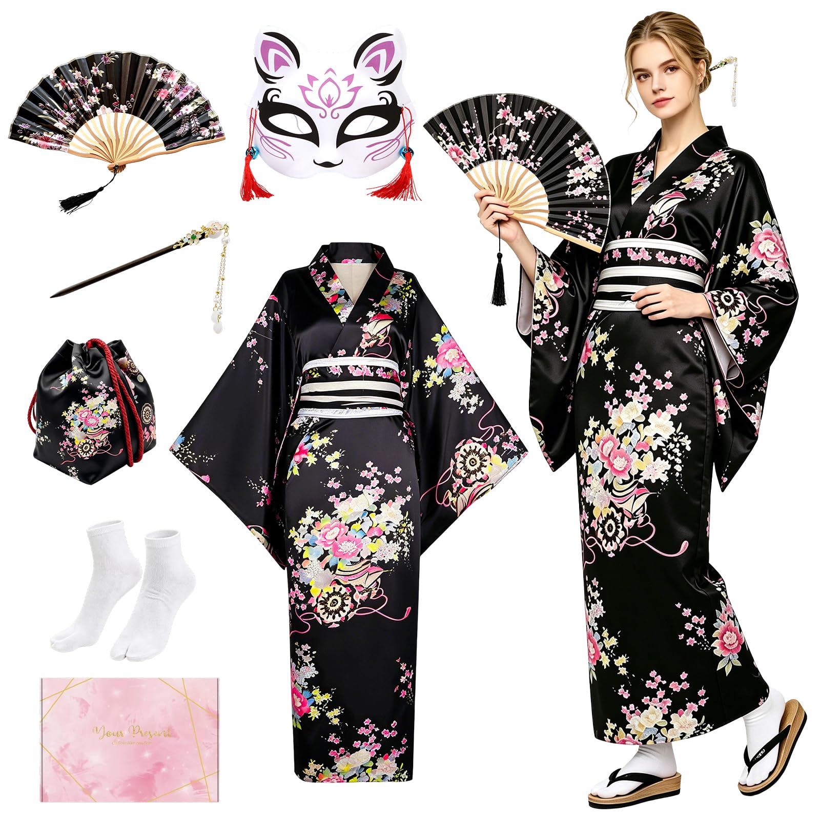 Geisha Yukata Japonés, Robe Kimono Mujer con Horquilla, Abanico Plegable y Bolsa, Albornoz Tradicional Japonés para Cosplay y Carnaval