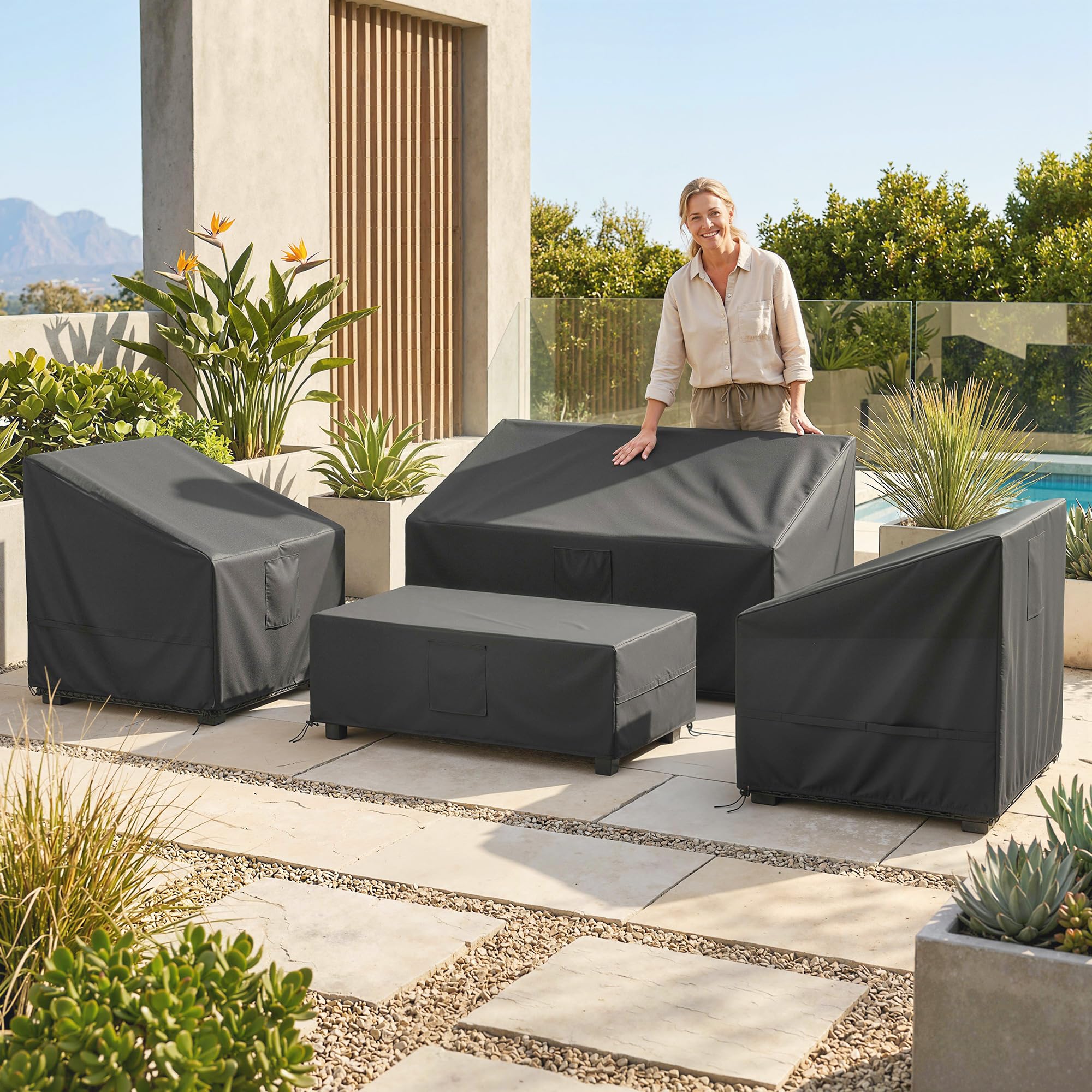 Outsunny Ensemble de 4 Housses Salon de Jardin Imperméables 420D Tissu Oxford, Bâche de Potection Extérieure avec 6 Évents et Sac de Rangement, pour Table et Canapé, Noir
