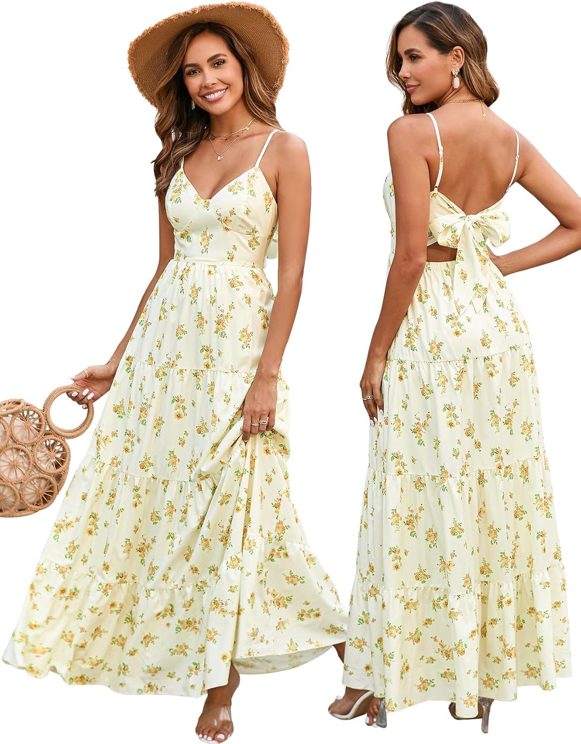HTZMO women floral maxi sundress Vneck spaghetti strap backless