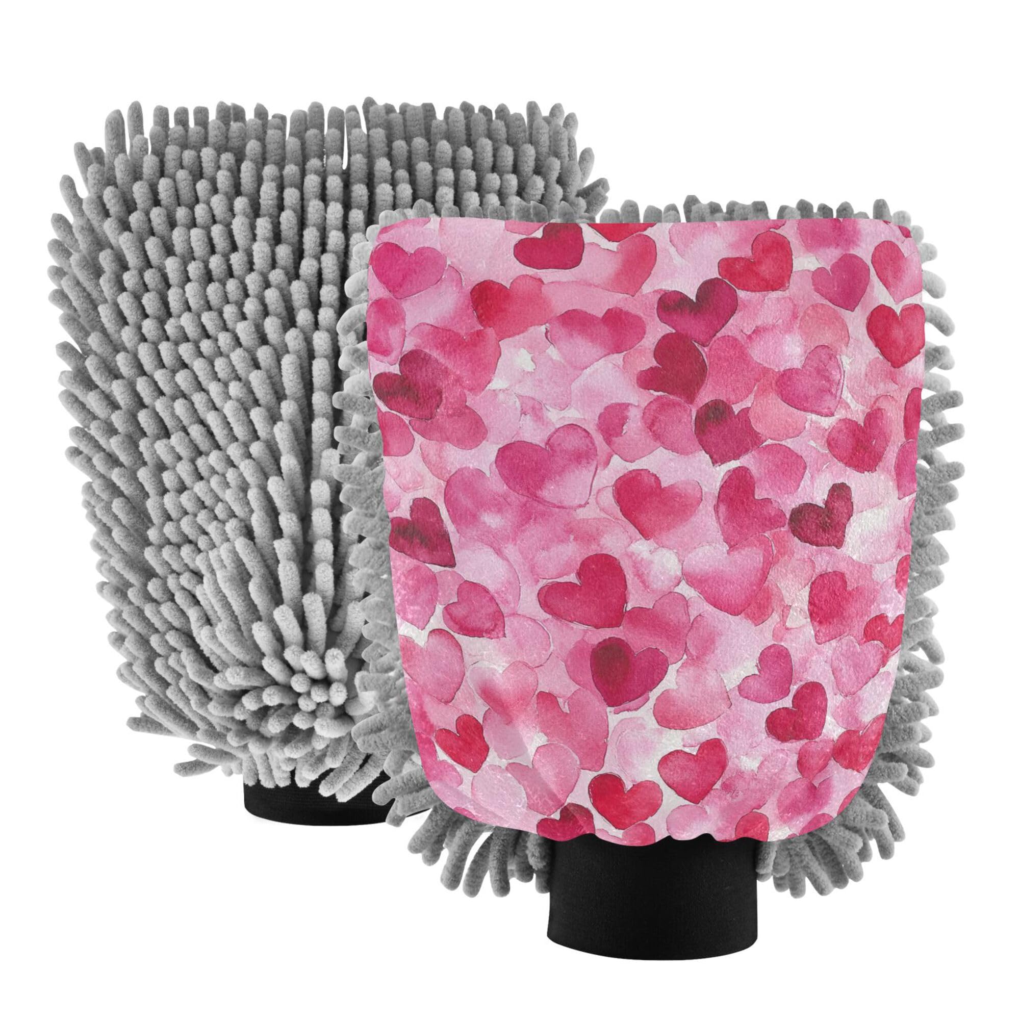Cartoon Cute Pink Love Hearts Wash Mitt for Cars 2 Pack Car Washing Glove Non Scratch Detailing Sponge for Wash Drying
