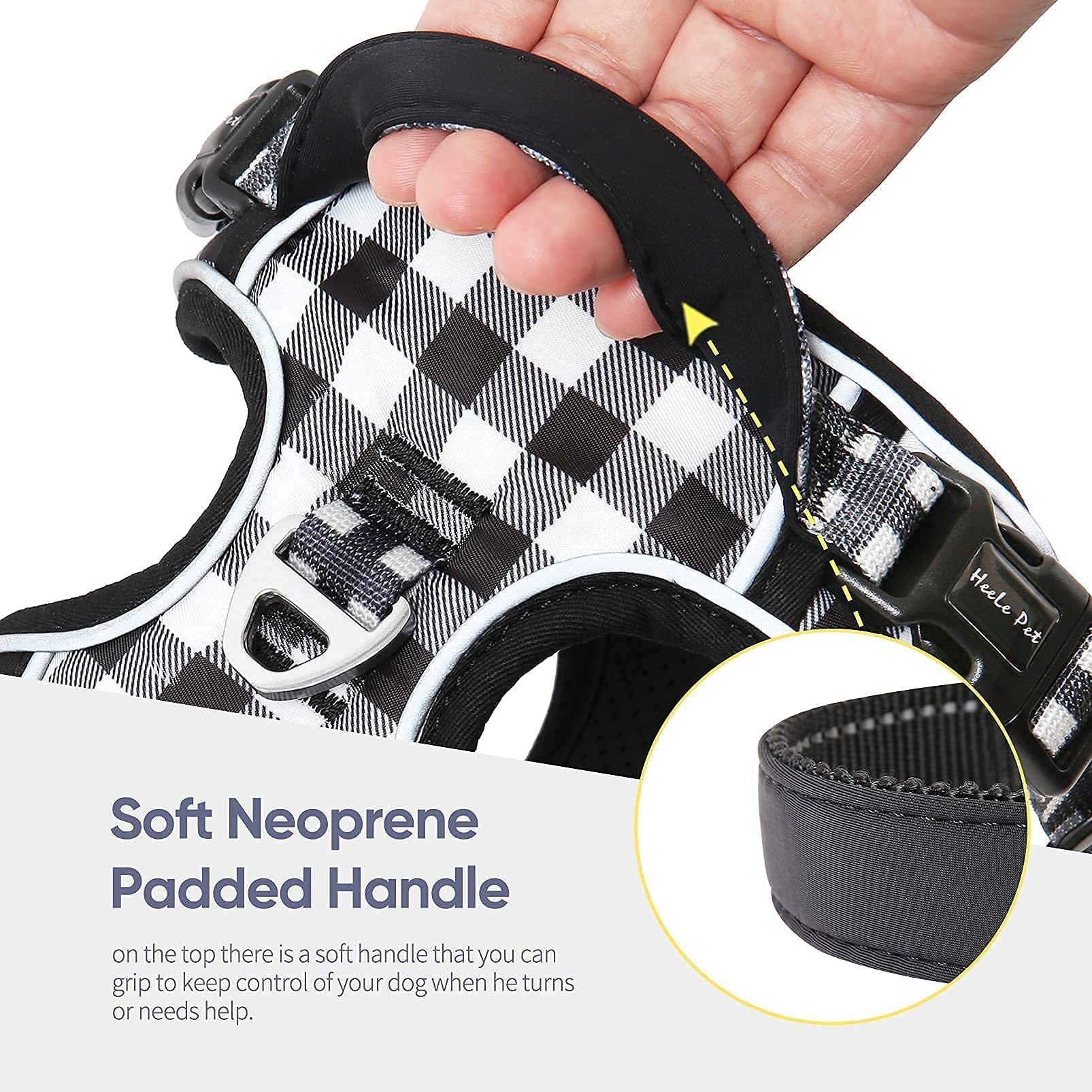 HEELE Pettorina Cane Taglia Media Riflettente Pettorina Addestramento Cani Anti Tiro con 2 Ganci in Metallo + Comodo Maniglia, Gilet per Cani Regolabile per Camminare, Plaid Nero-Bianco, M