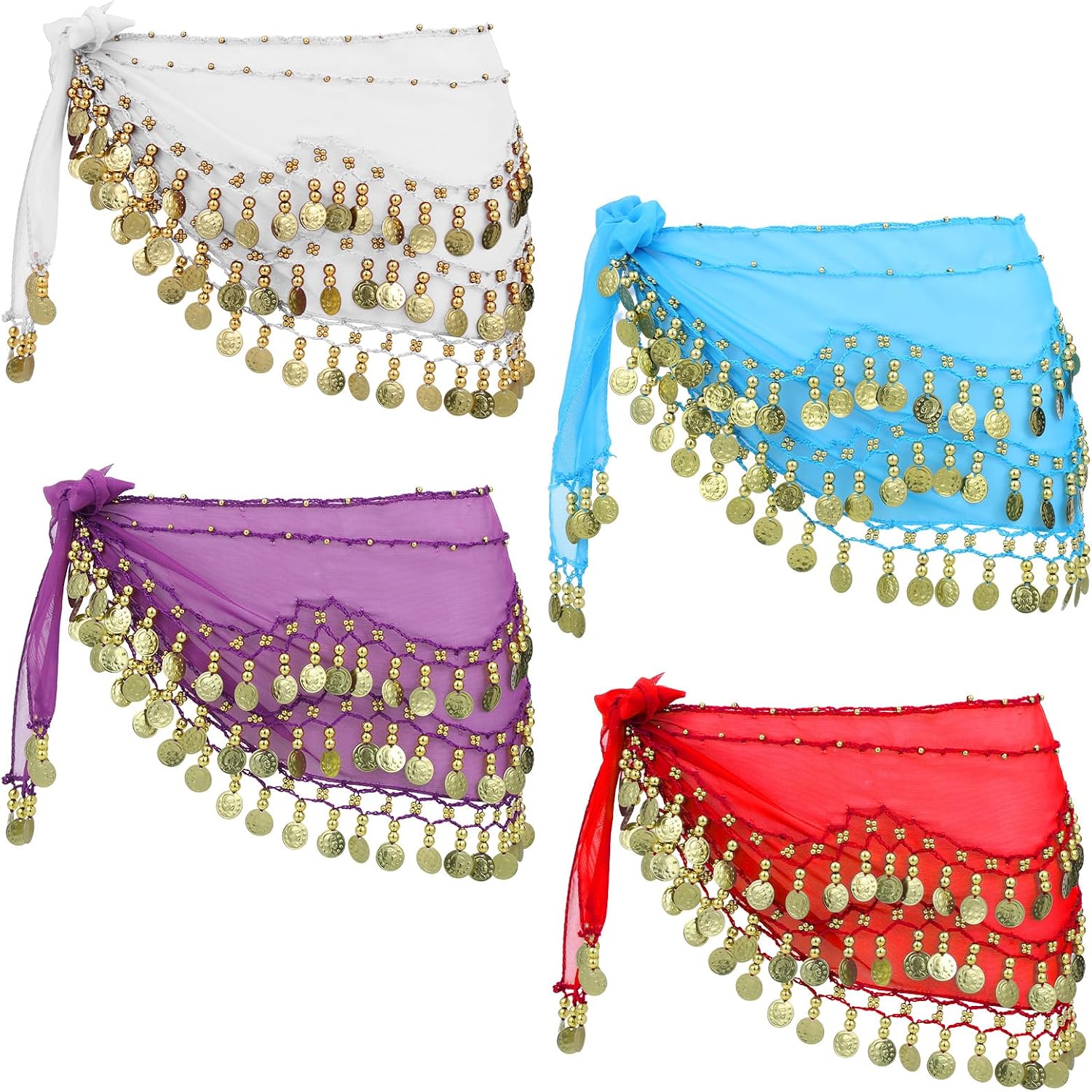 4 Pcs Belly Dance Hip Scarf, Belly Dancing Skirt with 128 Gold Coins, Belly Dancer Belt Scarf Skirt for Women 8 Colors