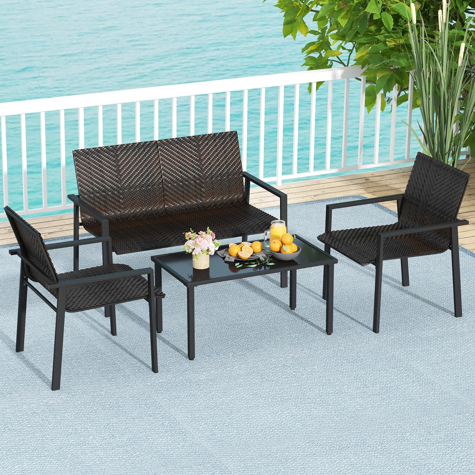 COSTWAY 4 Pezzi Set di Mobili da Giardino, Set di Tavolo e Sedie da Esterno in Intrecciato di Vimini, Set Salotto da Giardino per Balcone Giardino Terrazzo (Marrone)