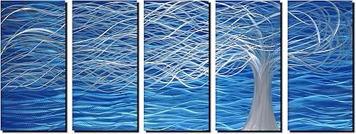 Miniatura 7 de Escultura de pared de metal única, arte de pared de metal con diseño de pintura de árbol, decoración abstracta moderna y contemporánea, arte azul de