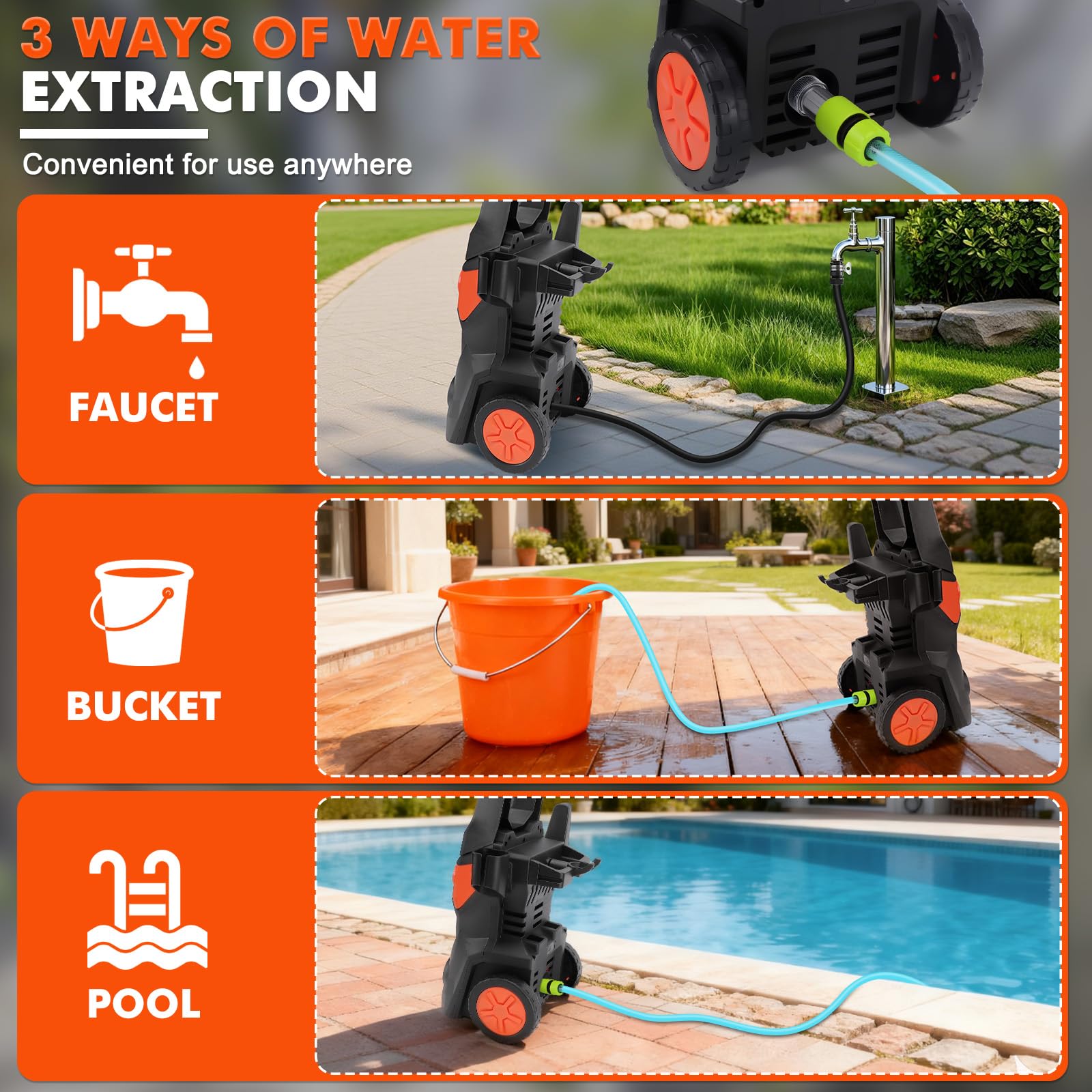 KAOLALI Hidrolimpiadora de Alta Presion, Caudal 336L/H | 3000W Presión de Trabajo, con Pistola Pulverizadora, Manguera De 10 m, 4 Boquilla, para Coches, Vallas, Patios